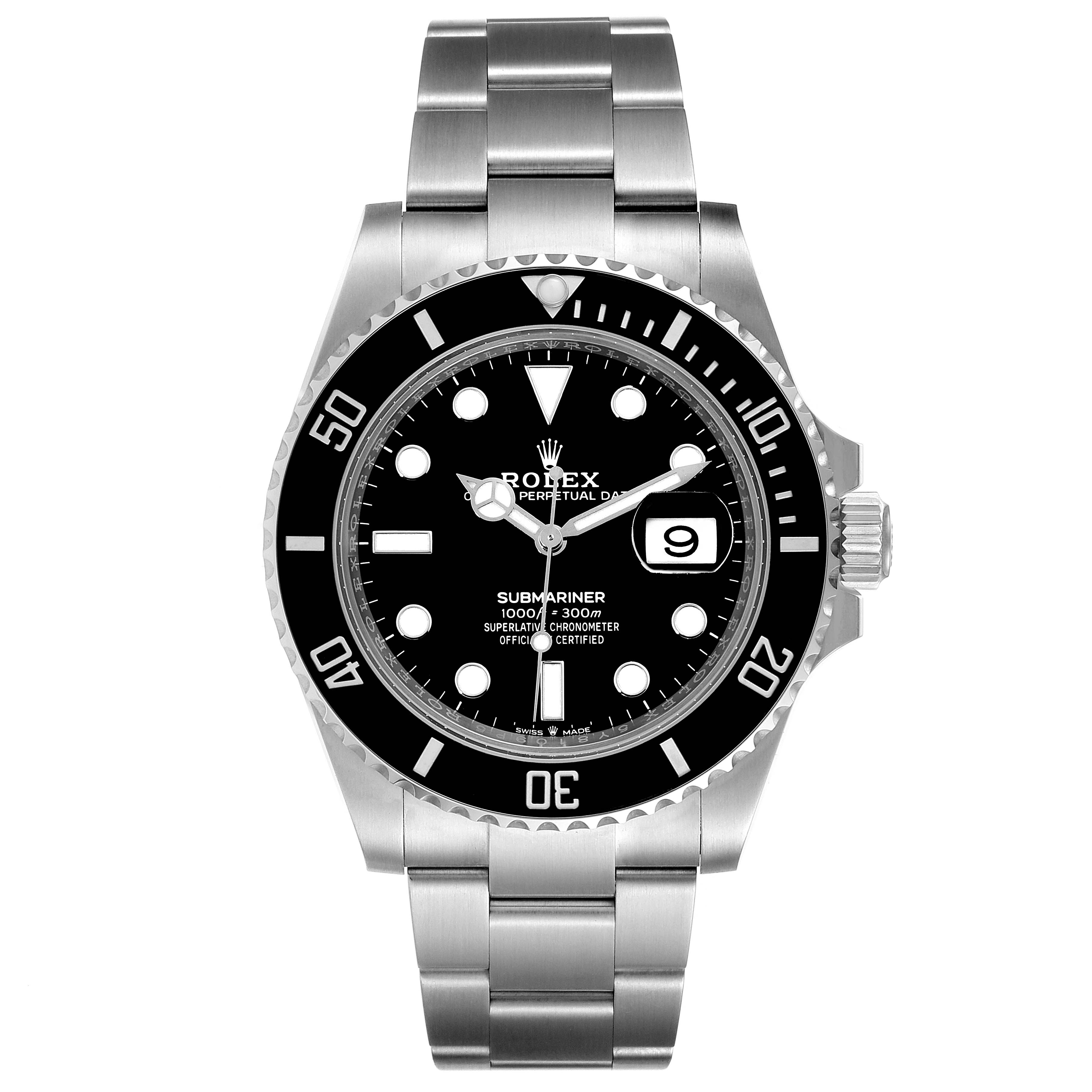 The image shows a front view of the Rolex Submariner 126610 Men
s Stainless Steel Black Dial 126610 Men
s Stainless Steel Black Dial watch, featuring its black dial, bezel, and stainless steel bracelet.