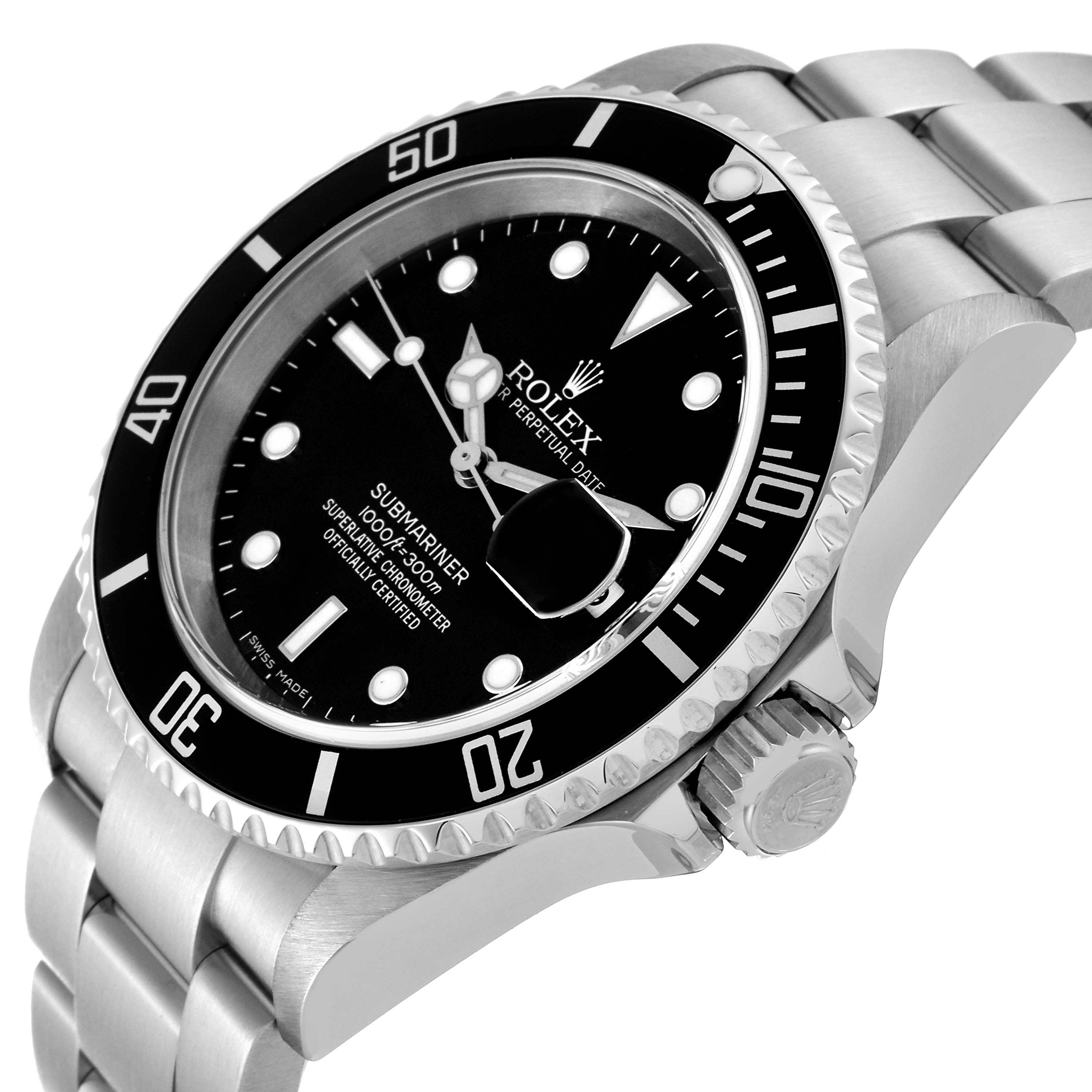 The image shows a Rolex Submariner 16610 Men
s Stainless Steel Black Dial 16610 Men
s Stainless Steel Black Dial watch angled to display the dial, bezel, crown, and part of the metal bracelet.