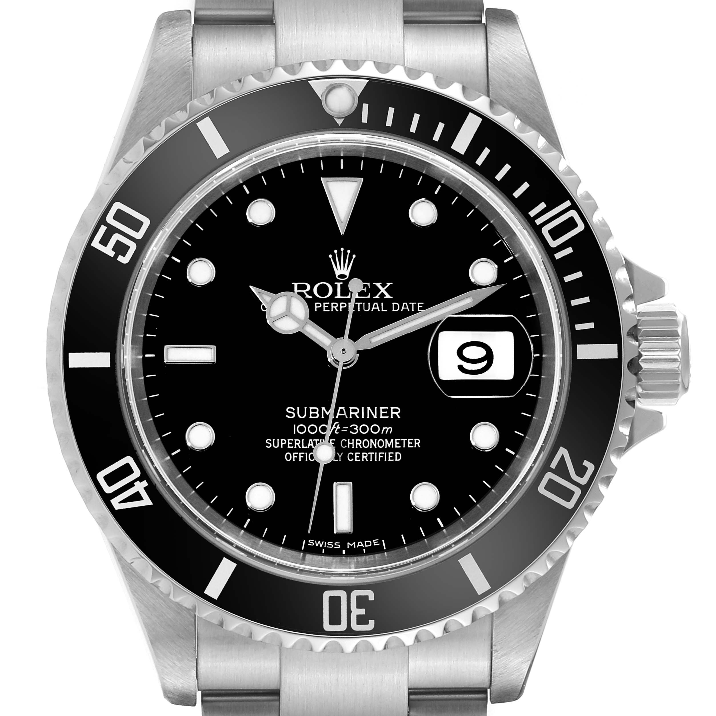 This is a front view of a Rolex Submariner 16610 Men
s Stainless Steel Black Dial 16610 Men
s Stainless Steel Black Dial watch, showing the dial, bezel, and part of the bracelet.