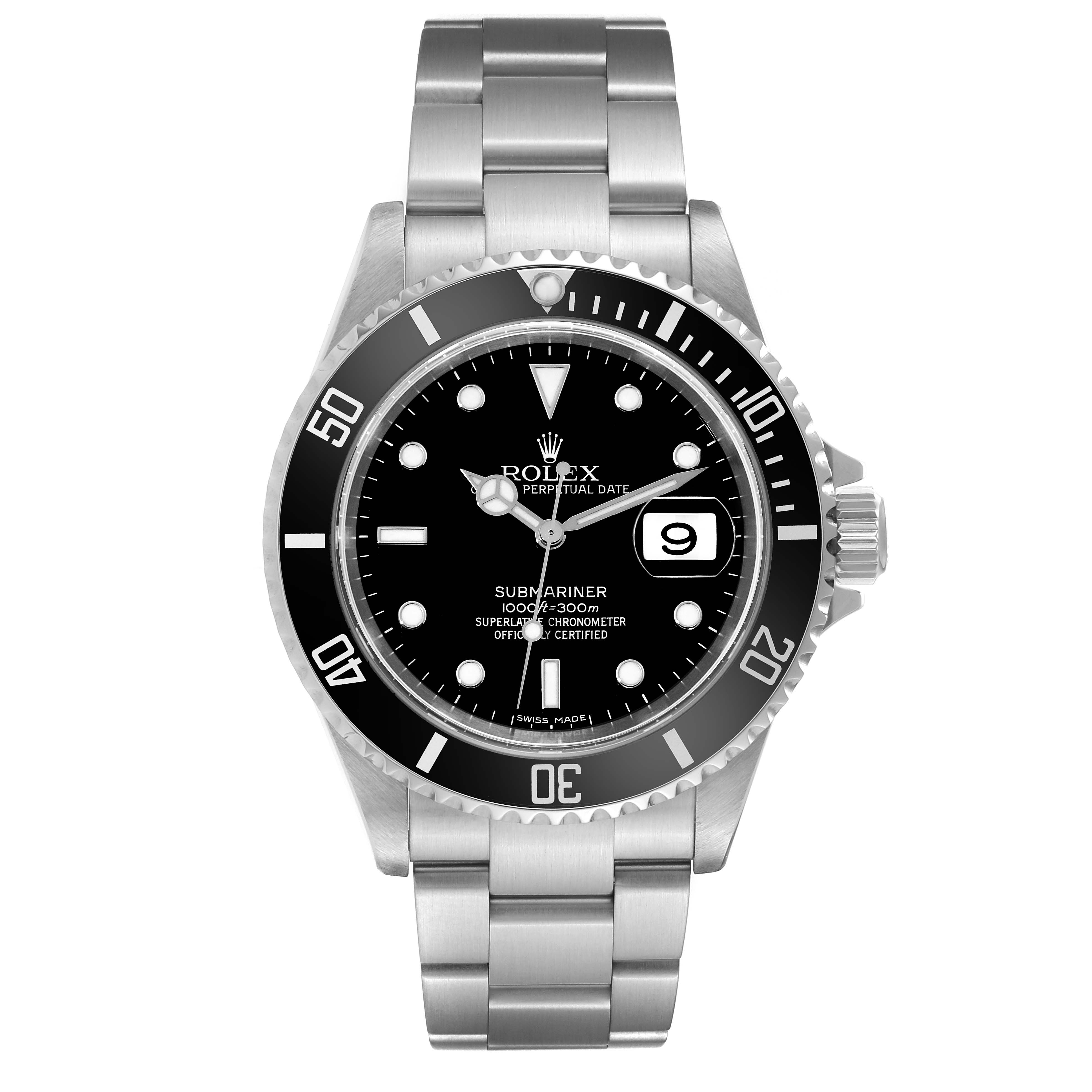 This image shows a frontal view of a Rolex Submariner 16610 Men
s Stainless Steel Black Dial 16610 Men
s Stainless Steel Black Dial watch, highlighting its dial, bezel, and stainless steel bracelet.