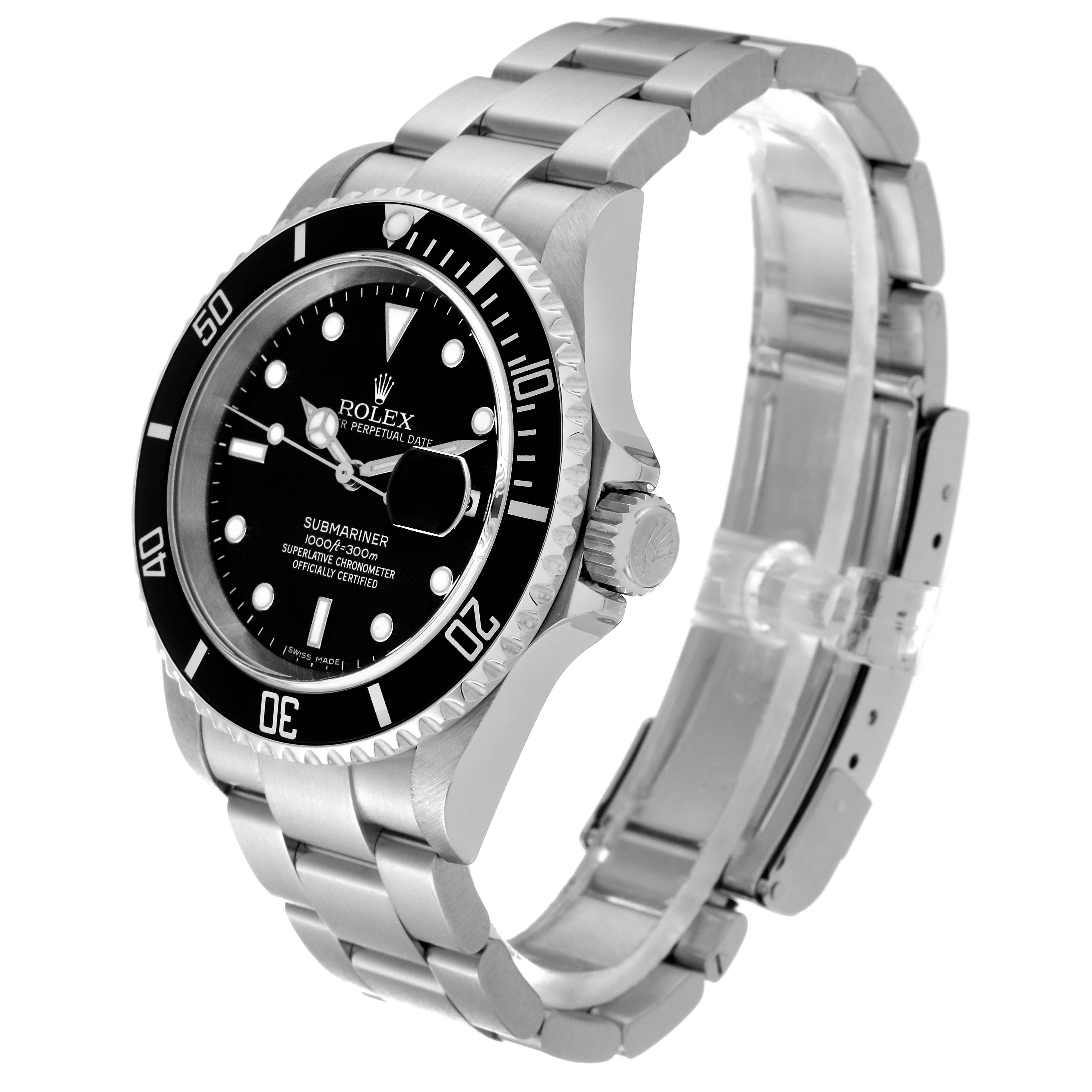 The image shows a side angle of a Rolex Submariner 16610 Men
s Stainless Steel Black Dial 16610 Men
s Stainless Steel Black Dial, displaying its bezel, dial, crown, and metal bracelet.