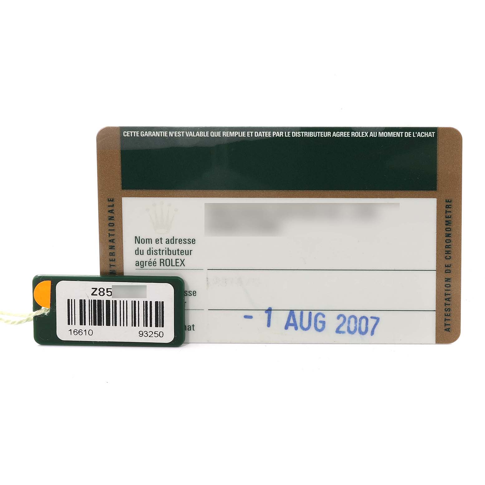 The image shows the warranty card and tag for a Rolex Submariner 16610 Men
s Stainless Steel Black Dial 16610 Men
s Stainless Steel Black Dial model, highlighting the purchase date as August 1, 2007.