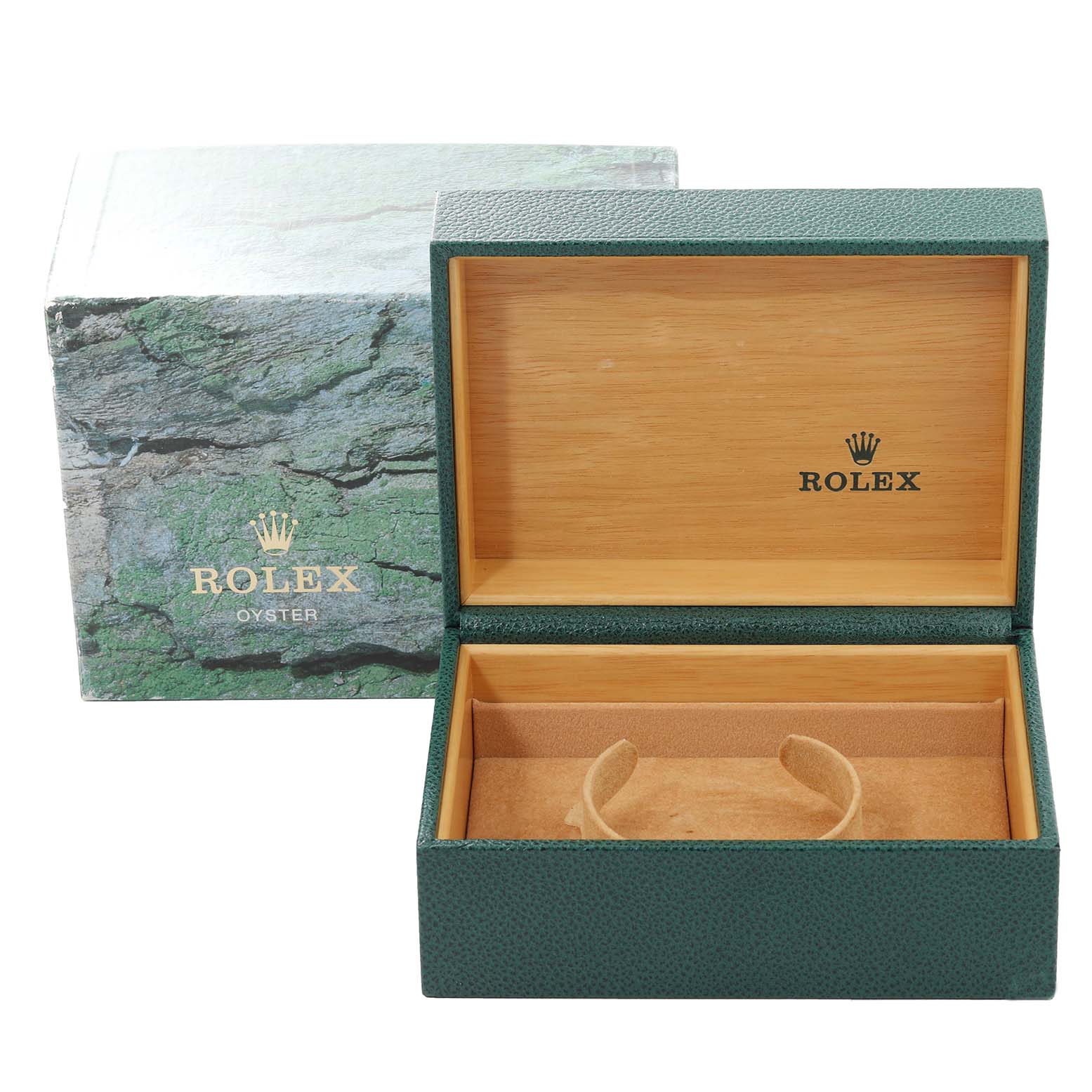 A Rolex Submariner 14060 Men's Stainless Steel Black Dial 14060 Men's Stainless Steel Black Dial watch box is shown from the front, including the outer sleeve and open green case.