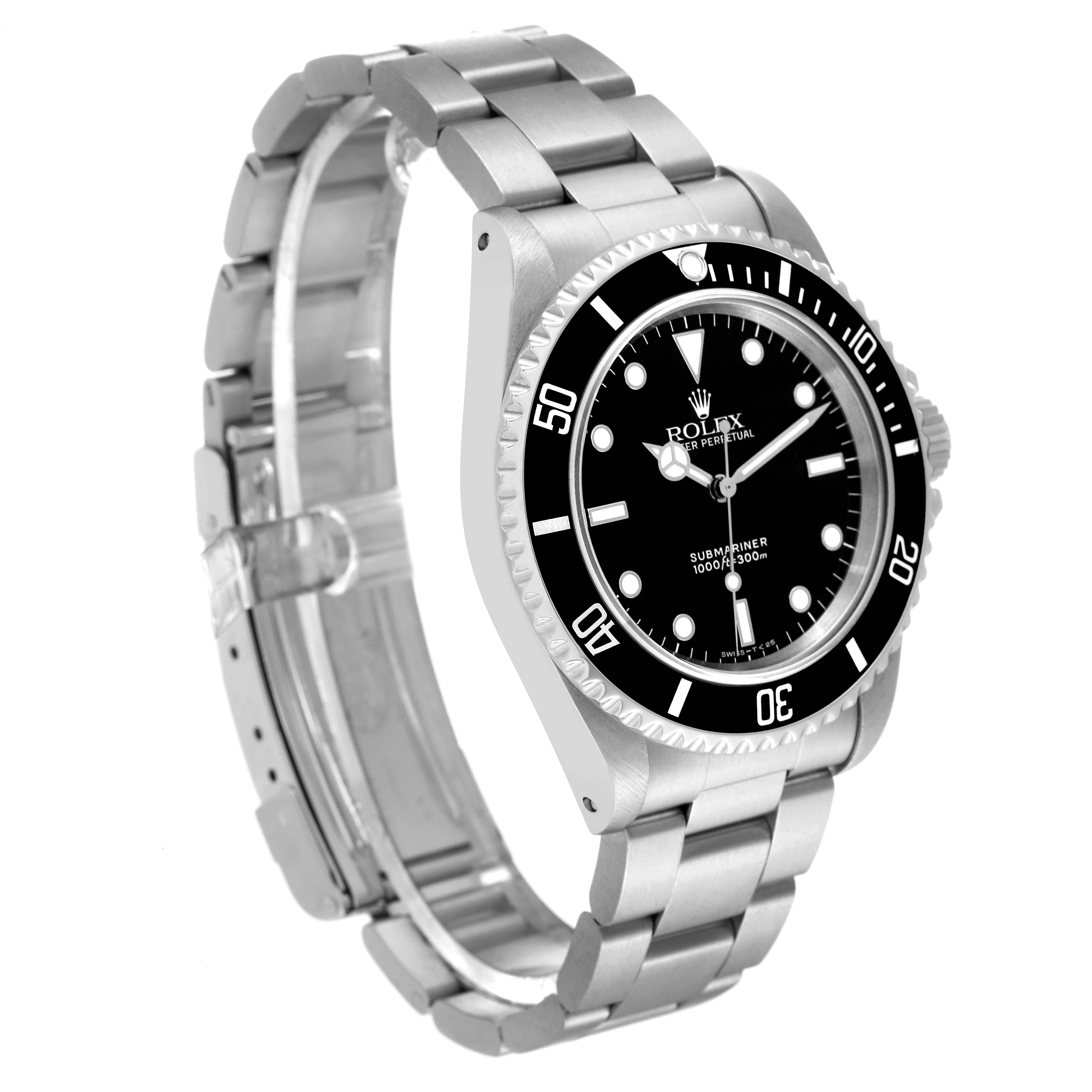 The image shows a side-angle view of a Rolex Submariner 14060 Men's Stainless Steel Black Dial 14060 Men's Stainless Steel Black Dial watch, highlighting its dial, bezel, and stainless steel bracelet.
