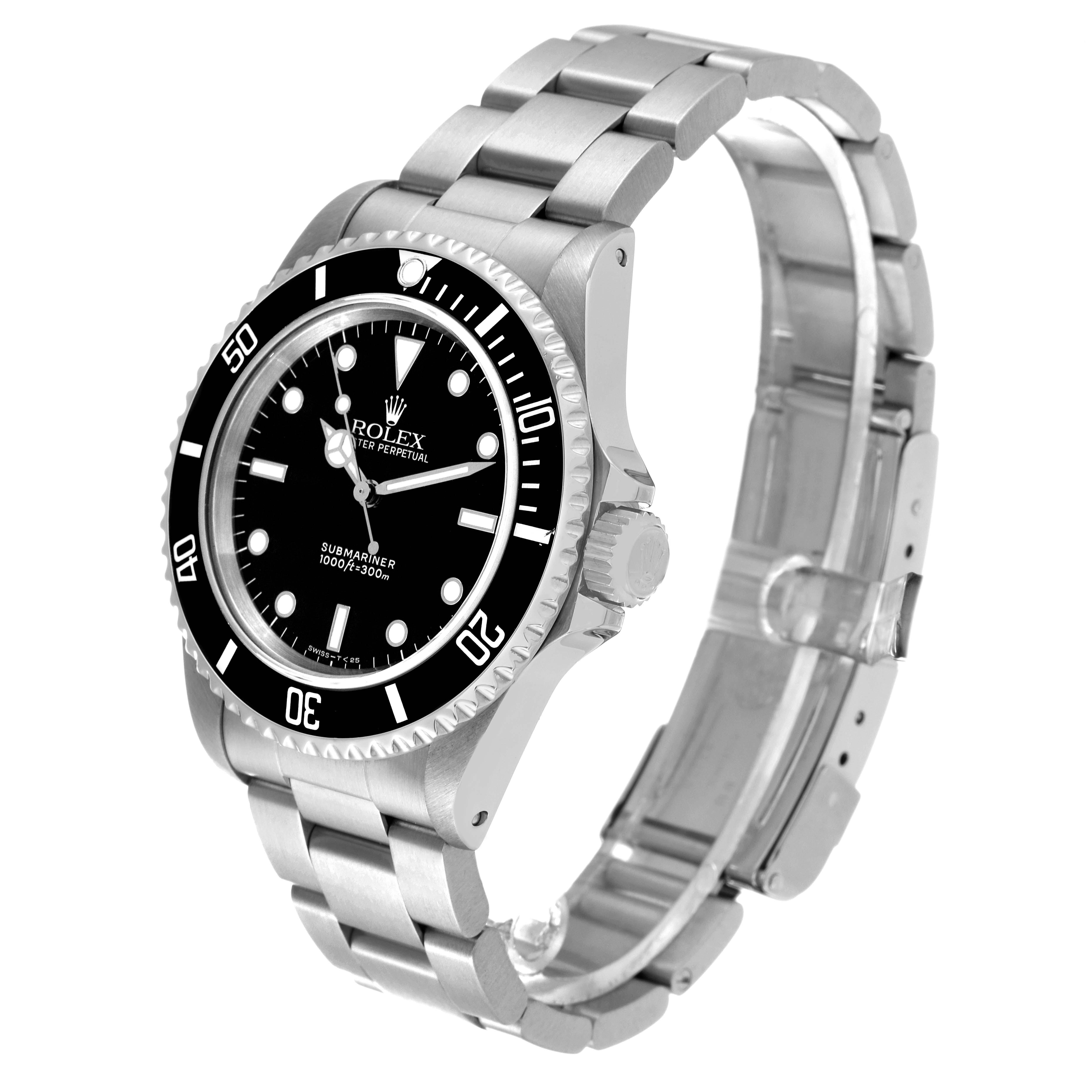 The image shows a side angle of a Rolex Submariner 14060 Men's Stainless Steel Black Dial 14060 Men's Stainless Steel Black Dial watch, displaying the dial, bezel, case, and bracelet.