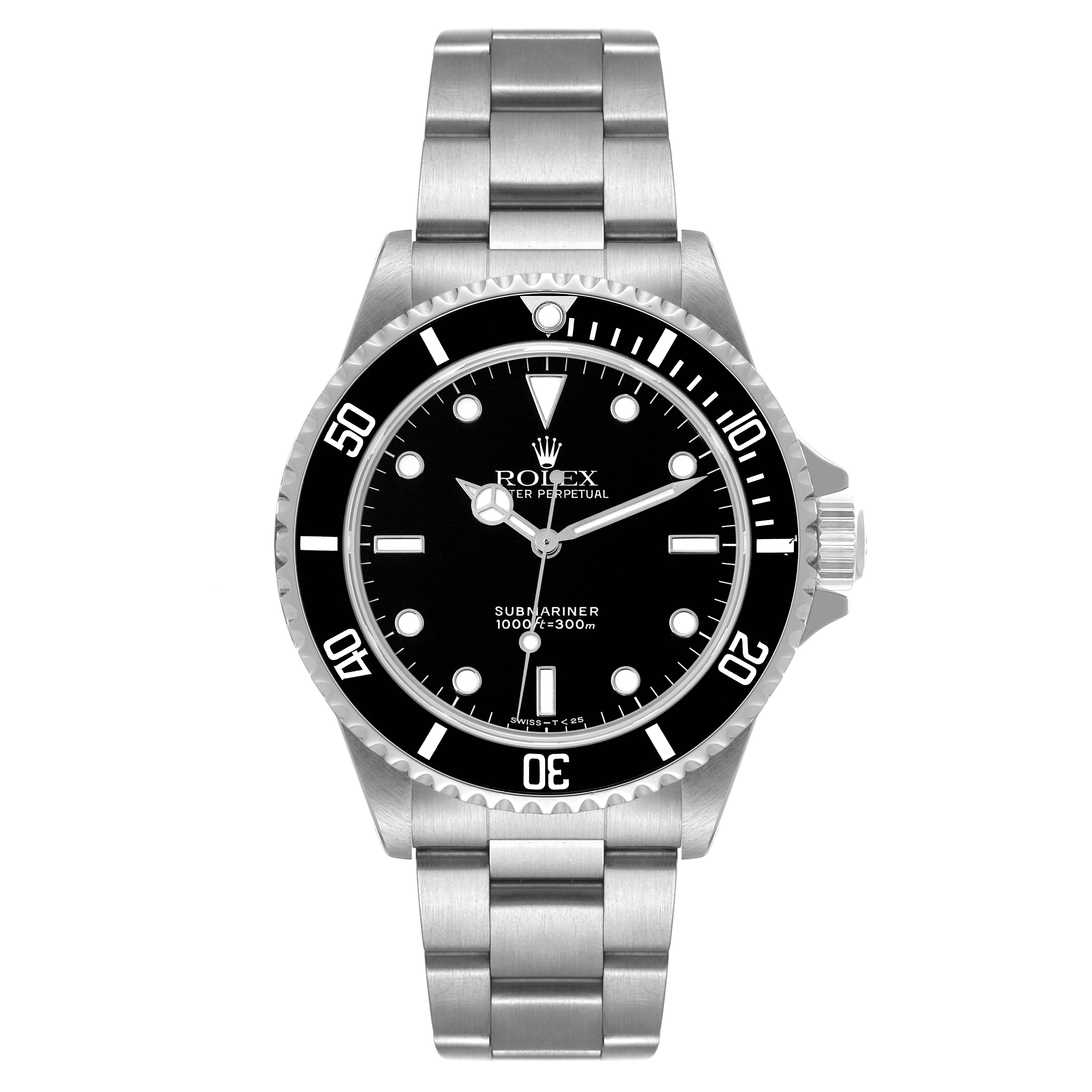 This image shows a front view of the Rolex Submariner 14060 Men's Stainless Steel Black Dial 14060 Men's Stainless Steel Black Dial watch, displaying the dial, bezel, and bracelet.