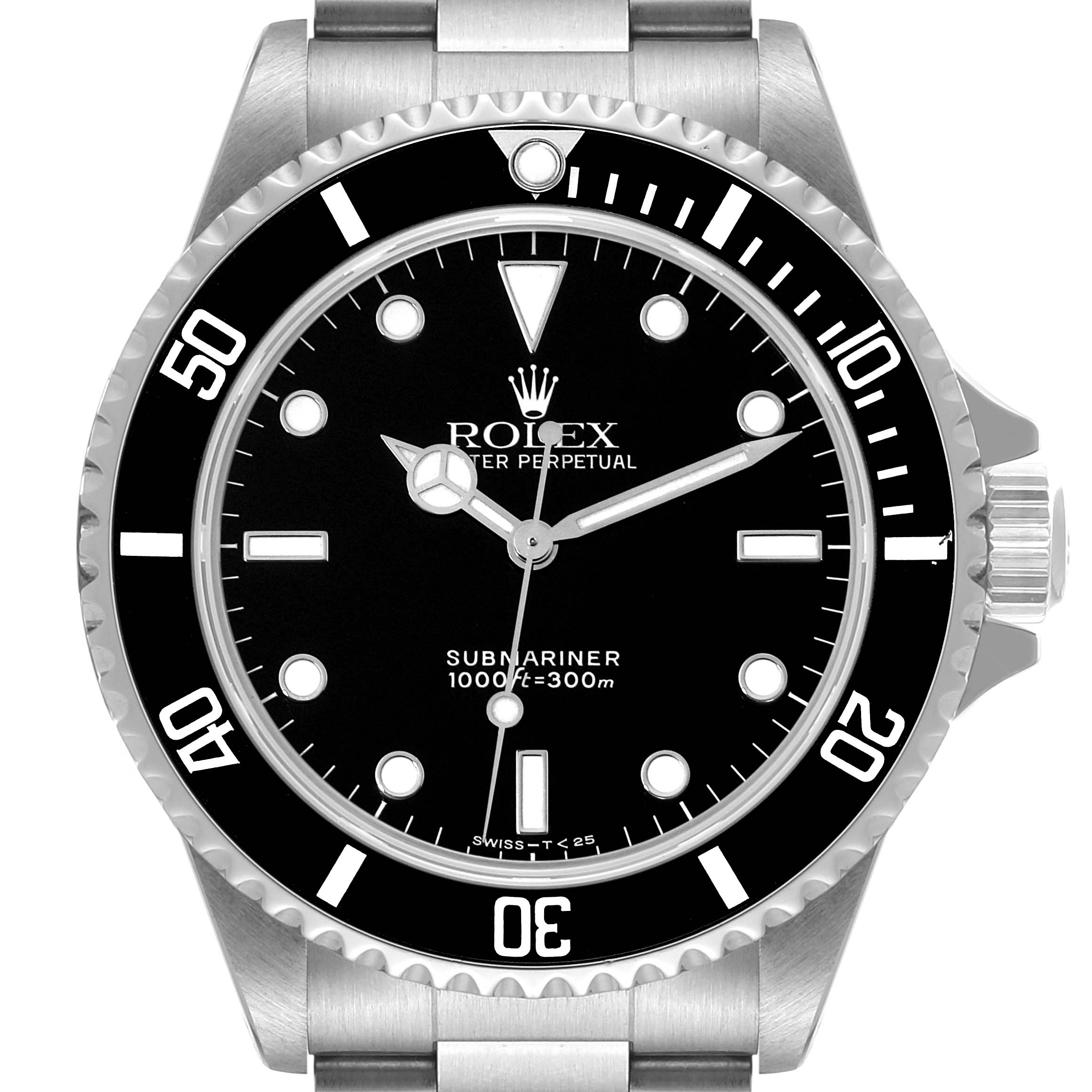 This image shows a front view of the Rolex Submariner 14060 Men's Stainless Steel Black Dial 14060 Men's Stainless Steel Black Dial watch, highlighting its black dial, bezel, and stainless steel bracelet.