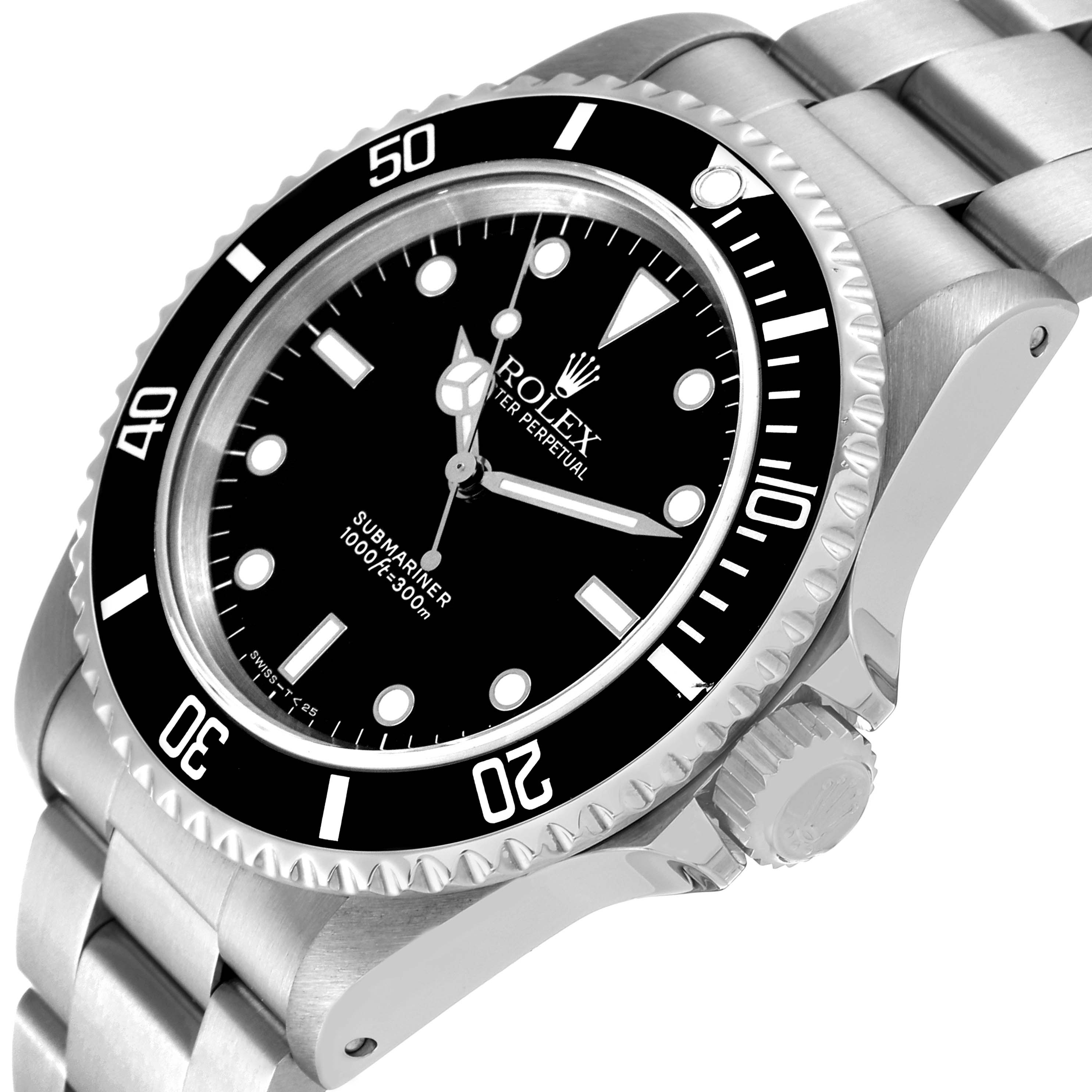 The Rolex Submariner 14060 Men's Stainless Steel Black Dial 14060 Men's Stainless Steel Black Dial watch is shown at a slight angle highlighting its face, bezel, crown, and part of the bracelet.