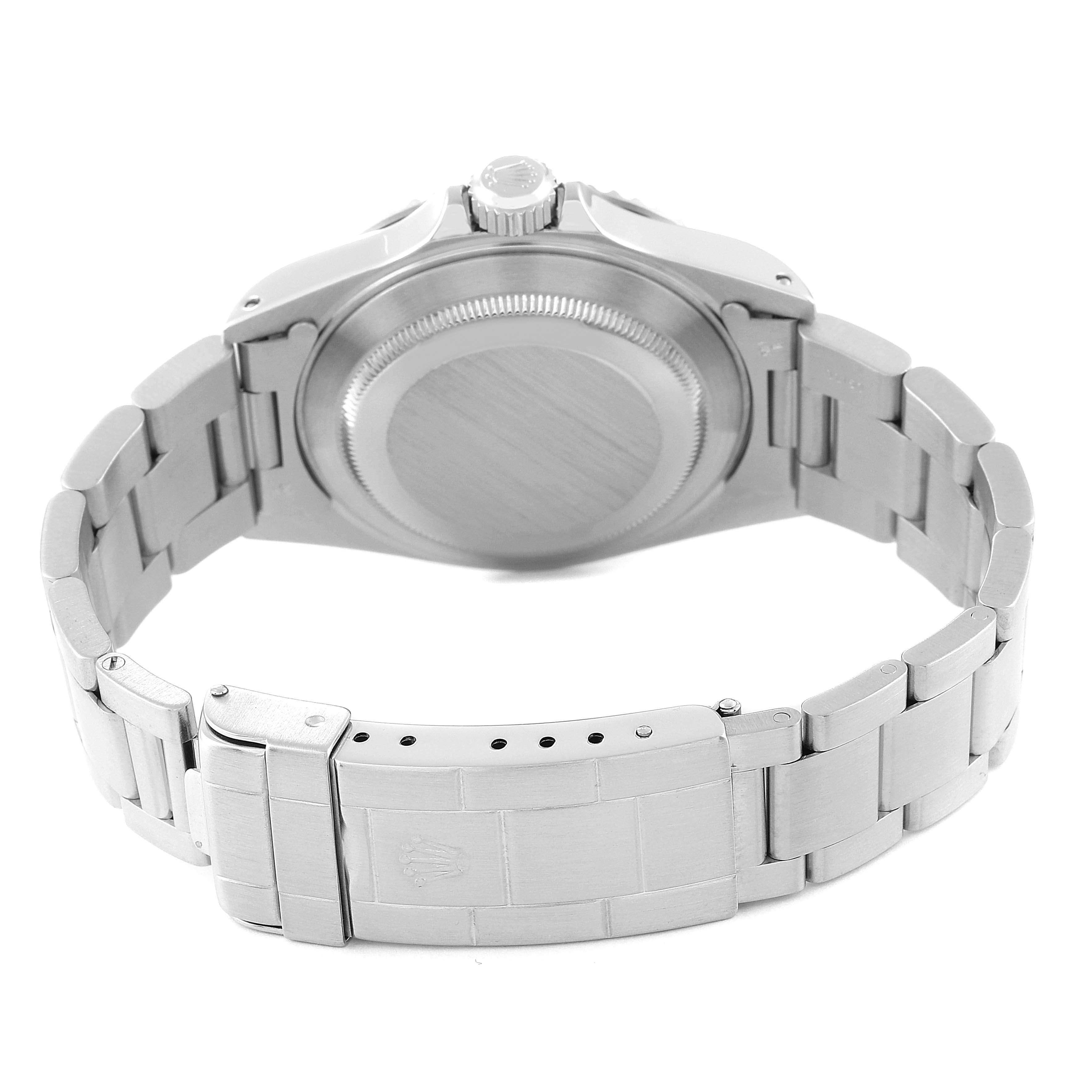 The image shows the back view of a Rolex Submariner 14060 Men's Stainless Steel Black Dial 14060 Men's Stainless Steel Black Dial watch, focusing on the case back and metallic bracelet.