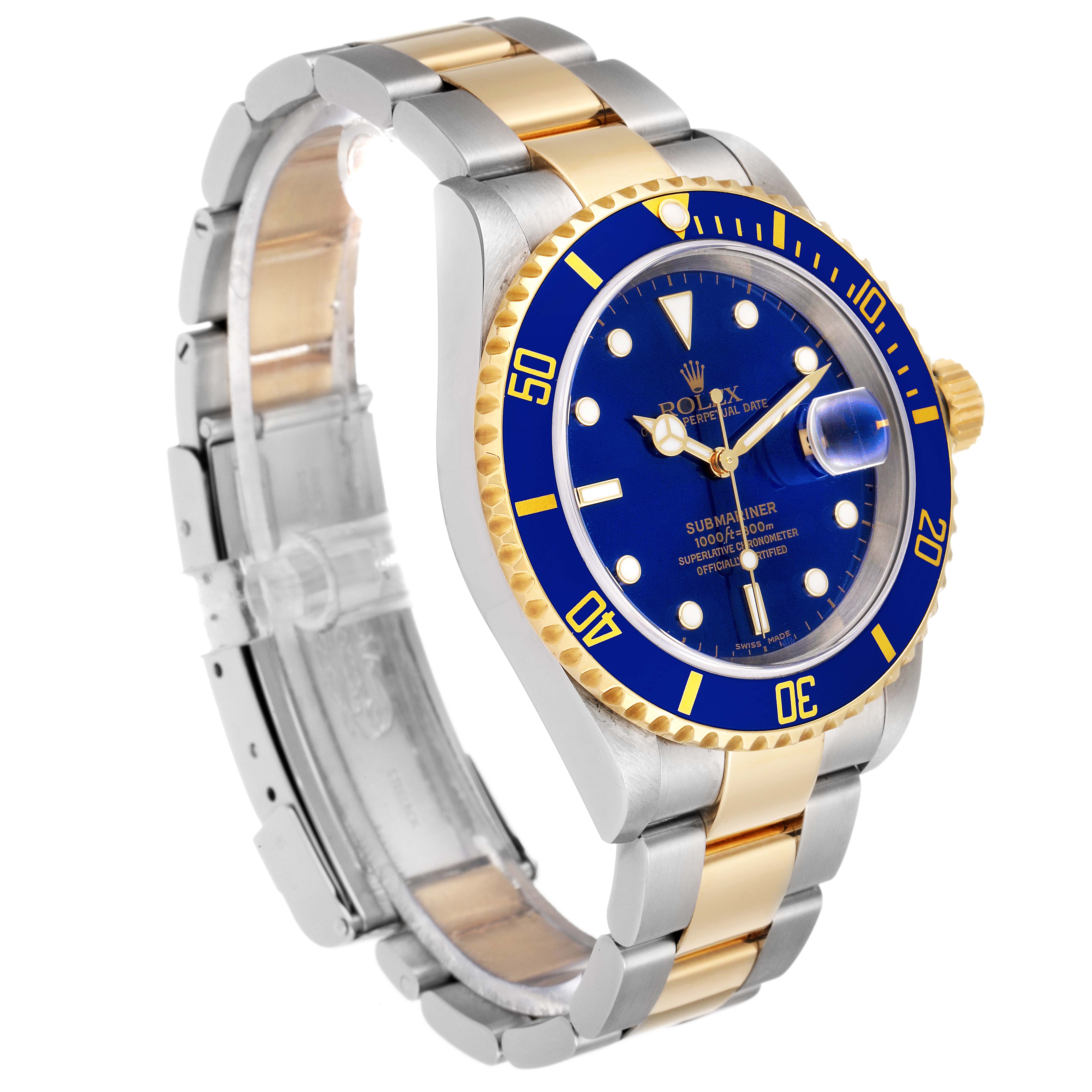 This Rolex Submariner 16613 Men
s Steel and Gold (two tone) Blue Dial 16613 Men
s Steel and Gold (two tone) Blue Dial watch is shown from a three-quarter angle, highlighting the blue dial, gold bezel, and two-tone bracelet.