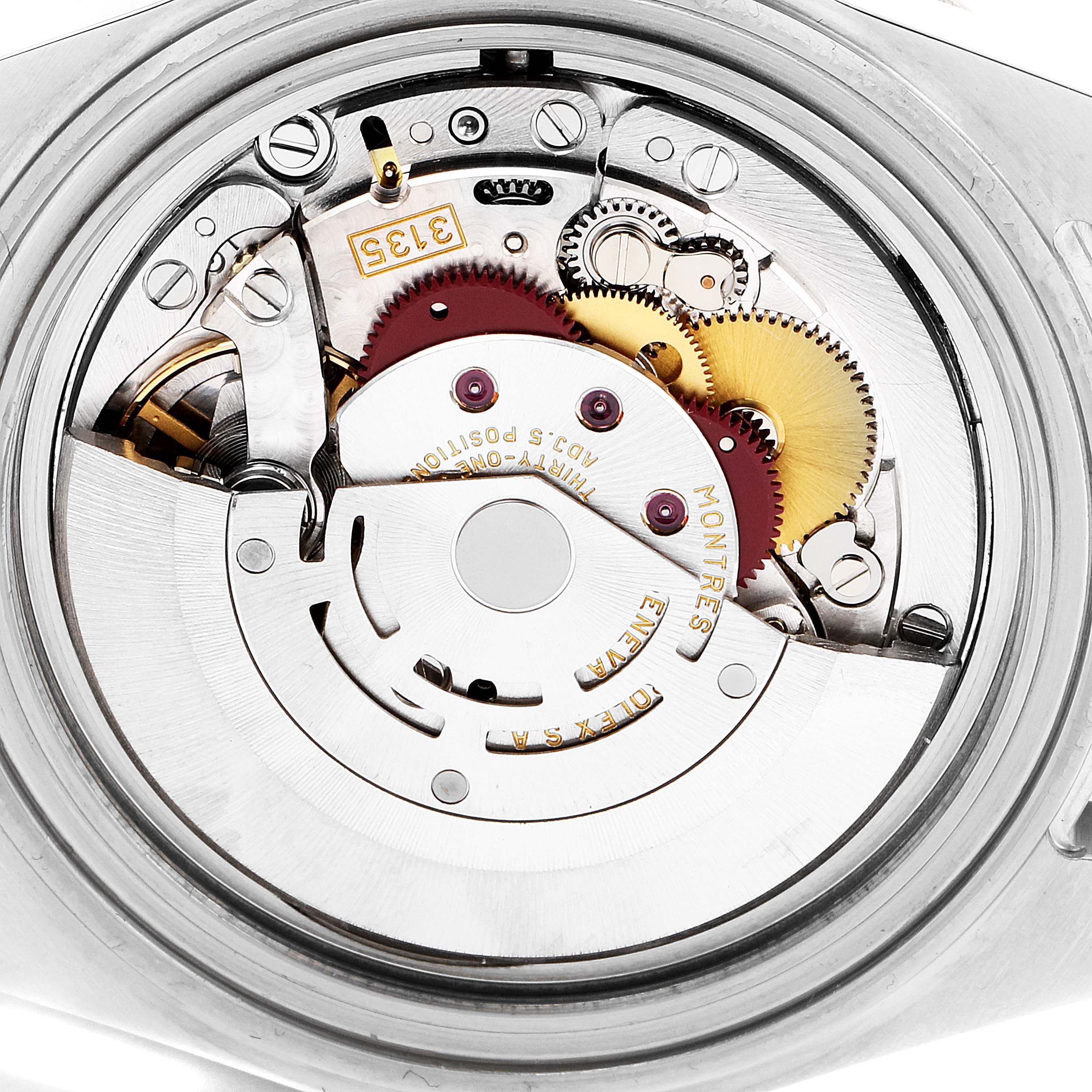 Close-up view of the movement and inner mechanics of the Rolex Submariner 16613 Men
s Steel and Gold (two tone) Blue Dial 16613 Men
s Steel and Gold (two tone) Blue Dial watch, highlighting gears and components.