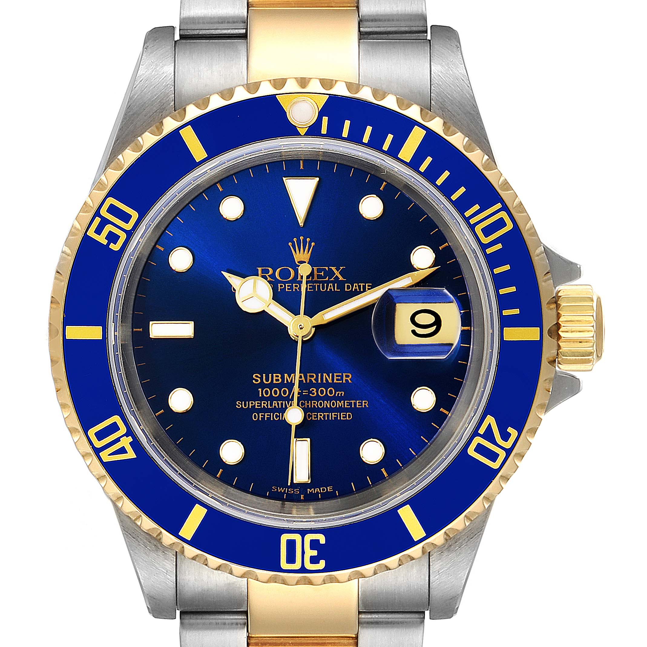 The image shows a frontal view of a Rolex Submariner 16613 Men
s Steel and Gold (two tone) Blue Dial 16613 Men
s Steel and Gold (two tone) Blue Dial watch, highlighting its blue dial, bezel, and two-tone bracelet.