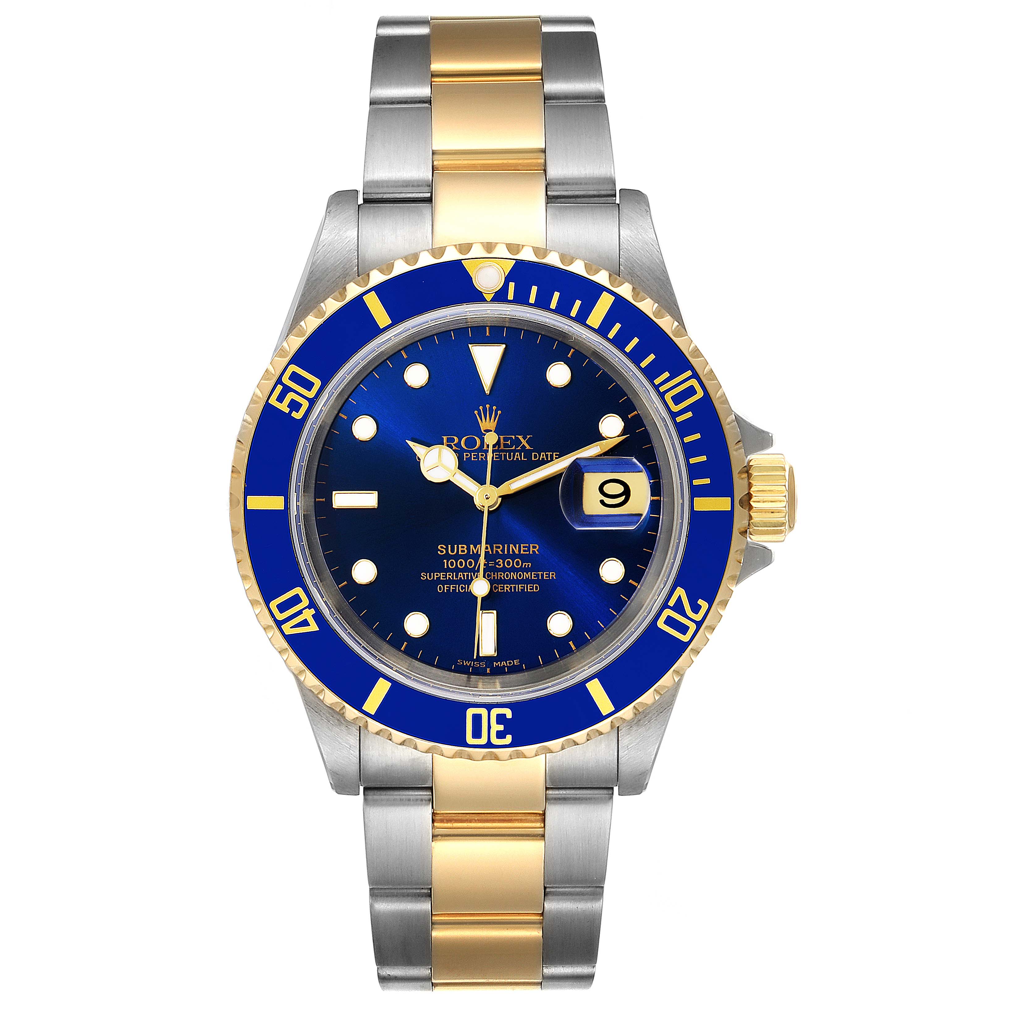 This image shows the Rolex Submariner 16613 Men
s Steel and Gold (two tone) Blue Dial 16613 Men
s Steel and Gold (two tone) Blue Dial watch from a front angle, displaying the dial, bezel, bracelet, and crown.