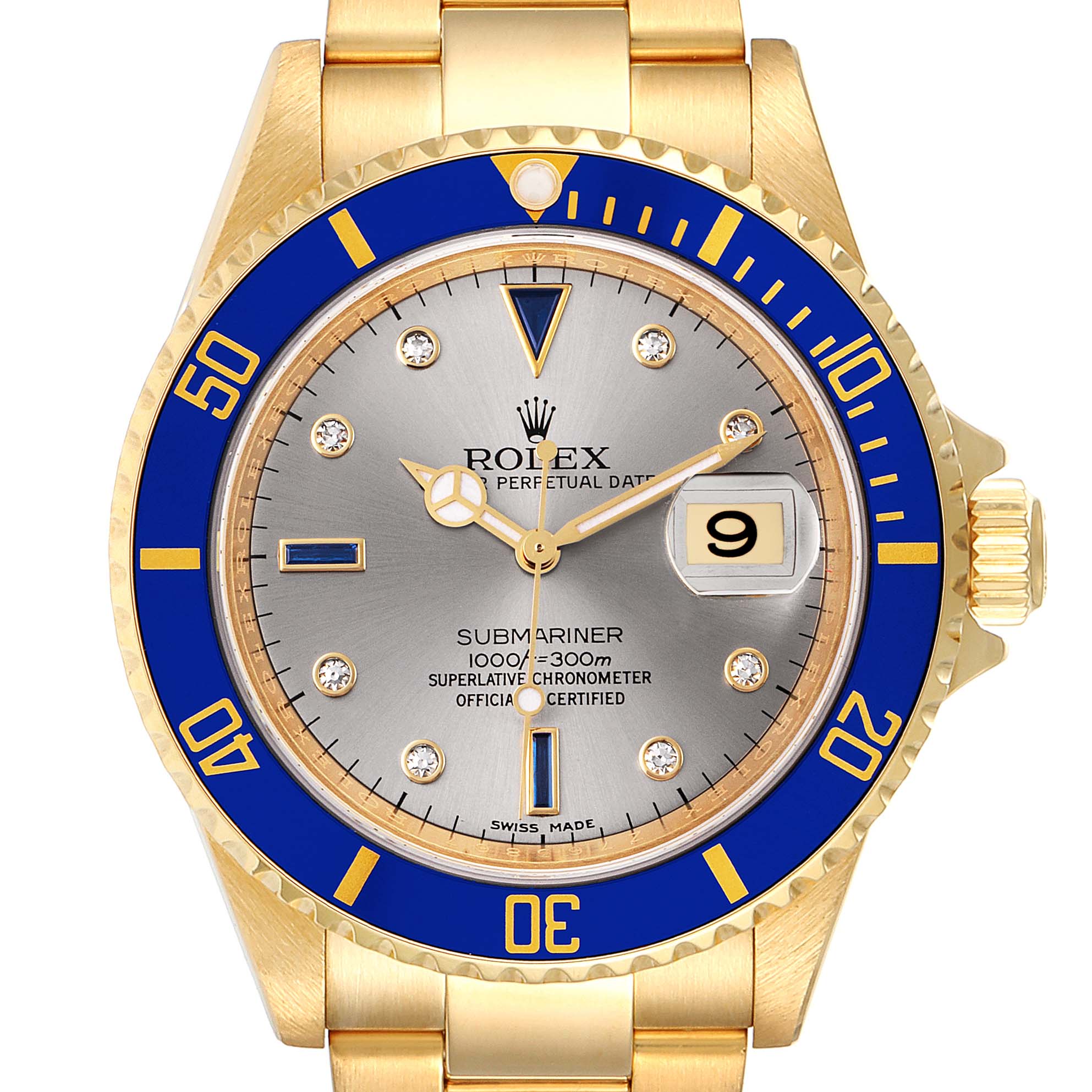 This image shows the front view of a Rolex Submariner 16618 Men's Yellow Gold Grey Dial 16618 Men's Yellow Gold Grey Dial watch, highlighting its dial, bezel, and bracelet.