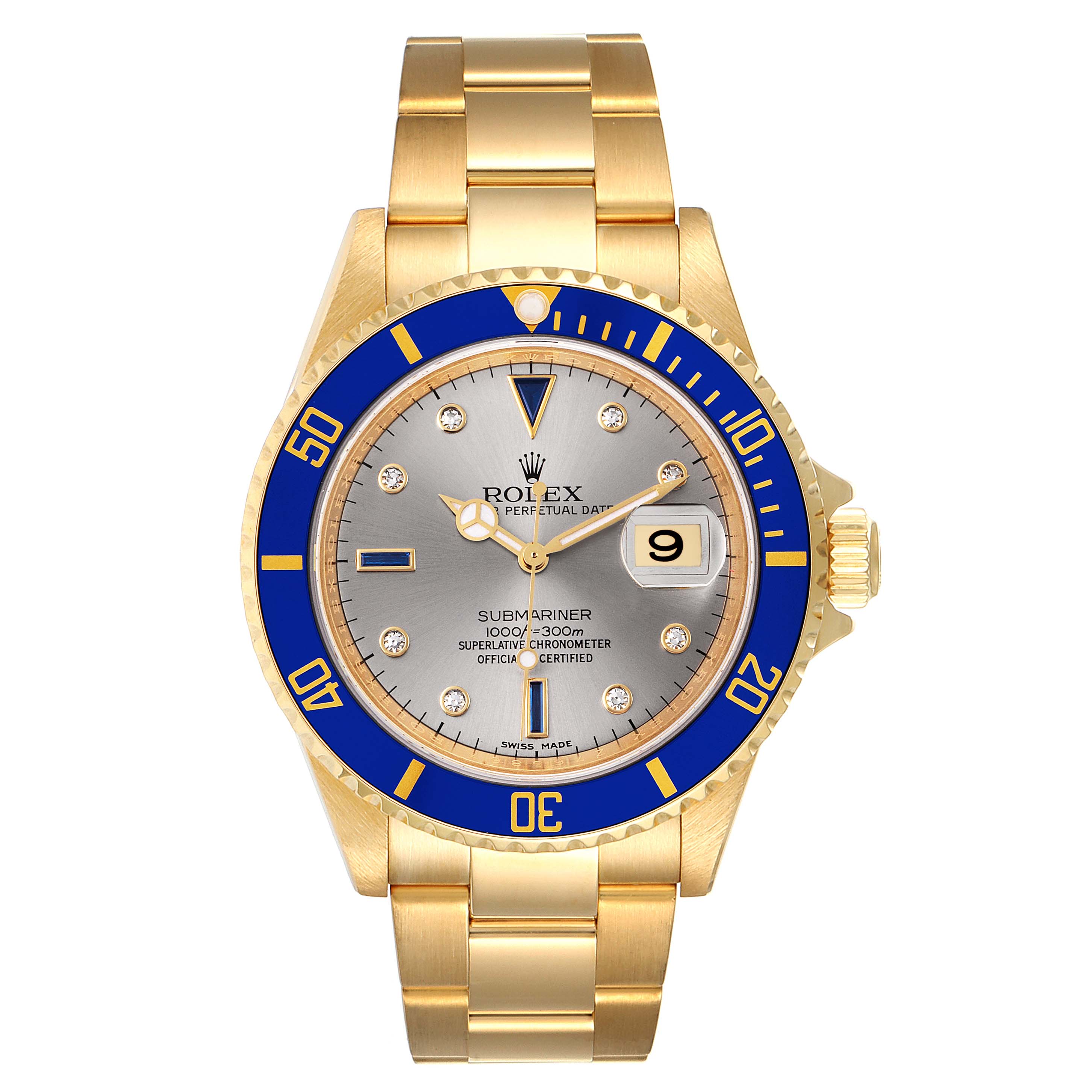 This image shows a front view of a Rolex Submariner 16618 Men's Yellow Gold Grey Dial 16618 Men's Yellow Gold Grey Dial watch featuring a gold band and blue bezel.