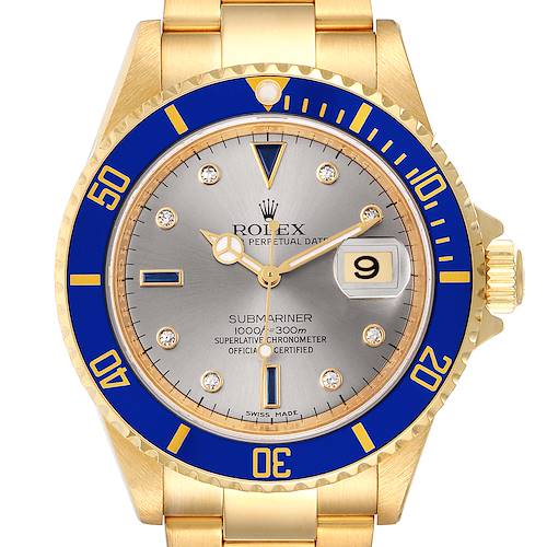 Photo of Rolex Submariner Yellow Gold Diamond Sapphire Serti Dial Watch 16618