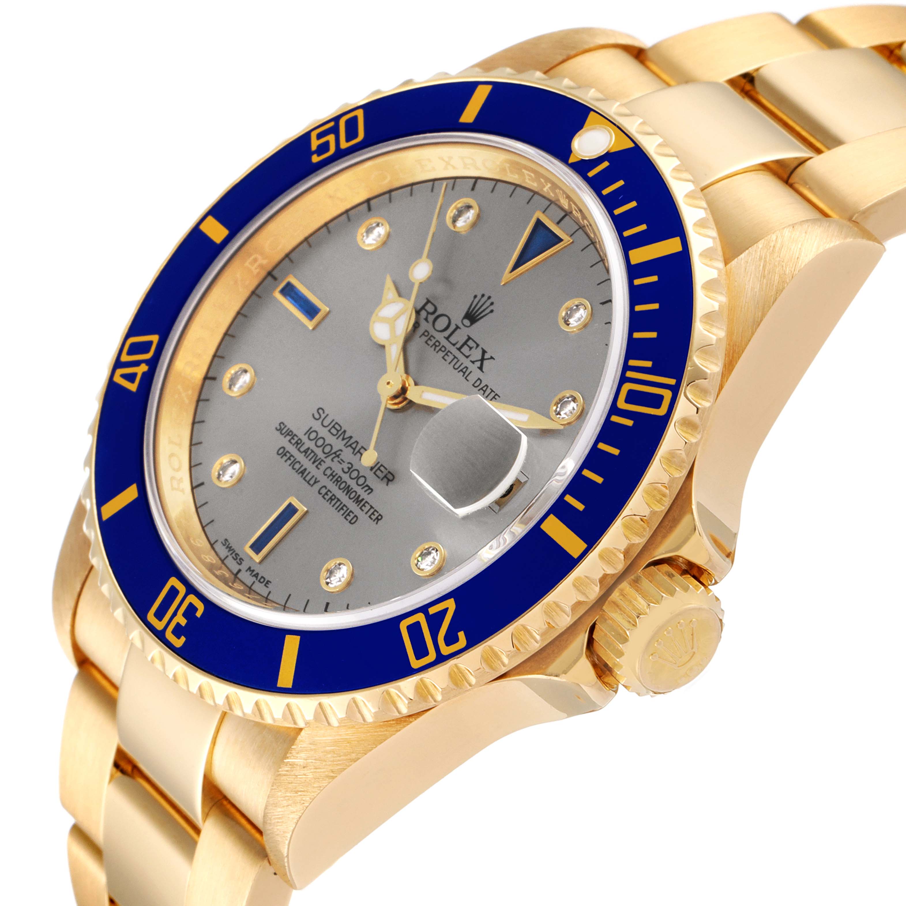The image shows a close-up, angled view of a Rolex Submariner 16618 Men's Yellow Gold Grey Dial 16618 Men's Yellow Gold Grey Dial's face, including the bezel, dial, and crown.
