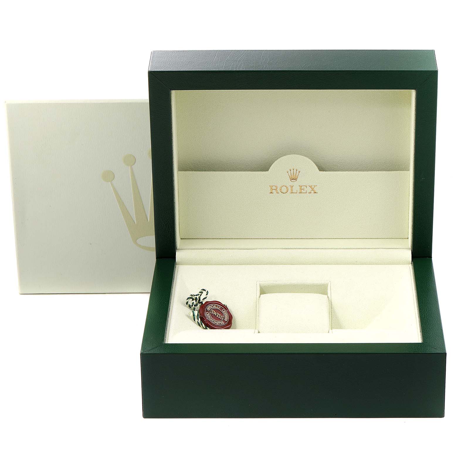 The image shows an open green Rolex Submariner 16618 Men's Yellow Gold Grey Dial 16618 Men's Yellow Gold Grey Dial watch box with the interior empty, apart from a Rolex tag.