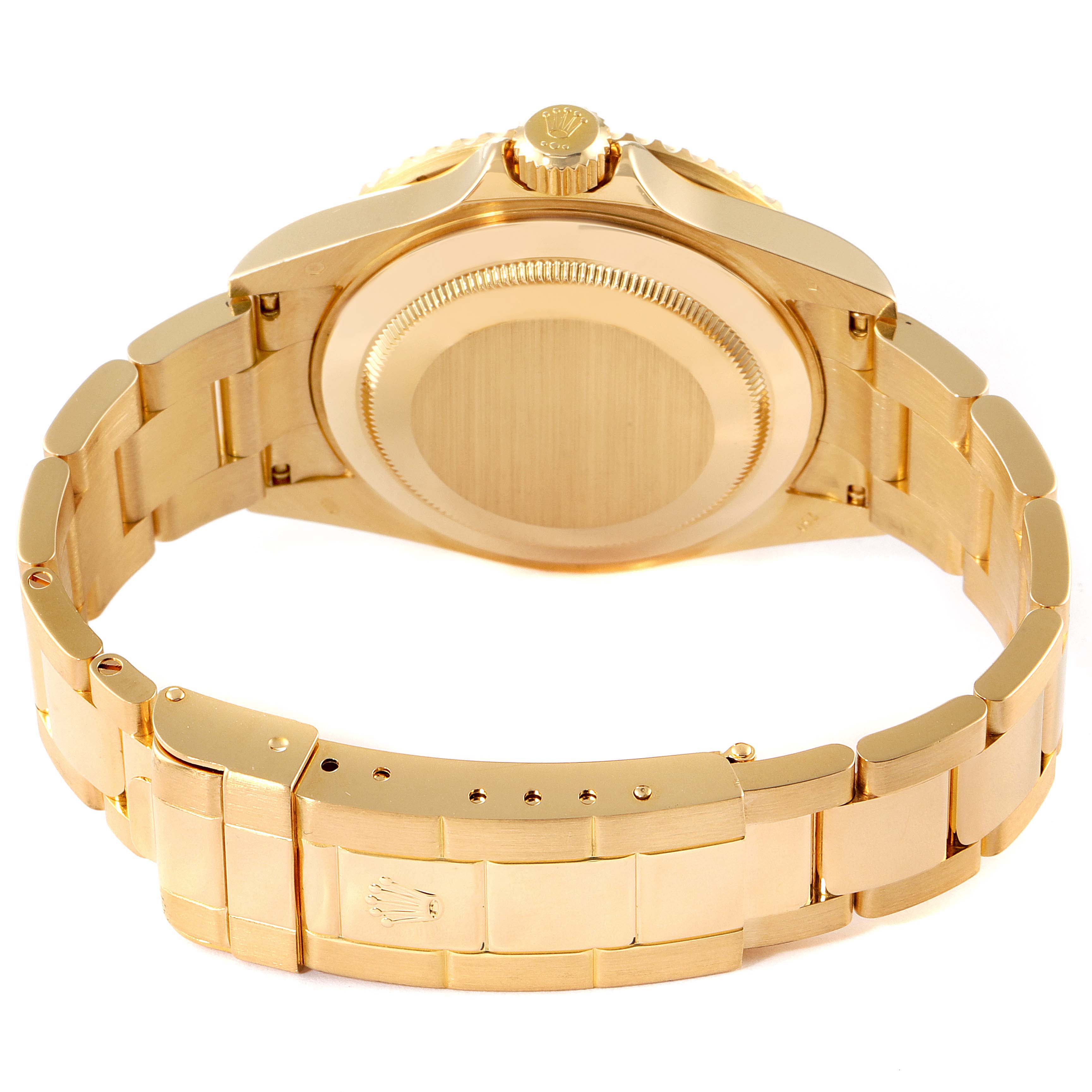 This image shows the back case and bracelet of a Rolex Submariner 16618 Men's Yellow Gold Grey Dial 16618 Men's Yellow Gold Grey Dial watch viewed from the rear.