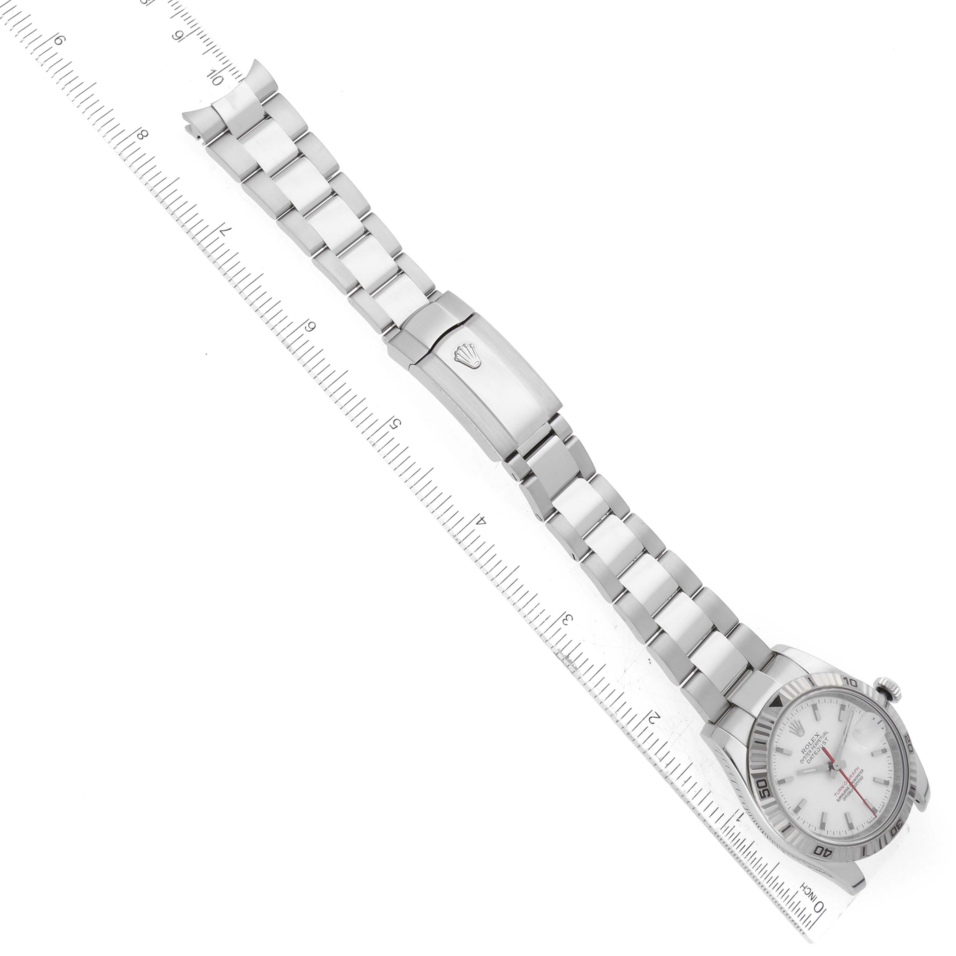 The Rolex Turn-o-Graph 116264 Men's Stainless Steel White Dial 116264 Men's Stainless Steel White Dial watch is shown from an overhead angle, highlighting the bracelet, clasp, and face.