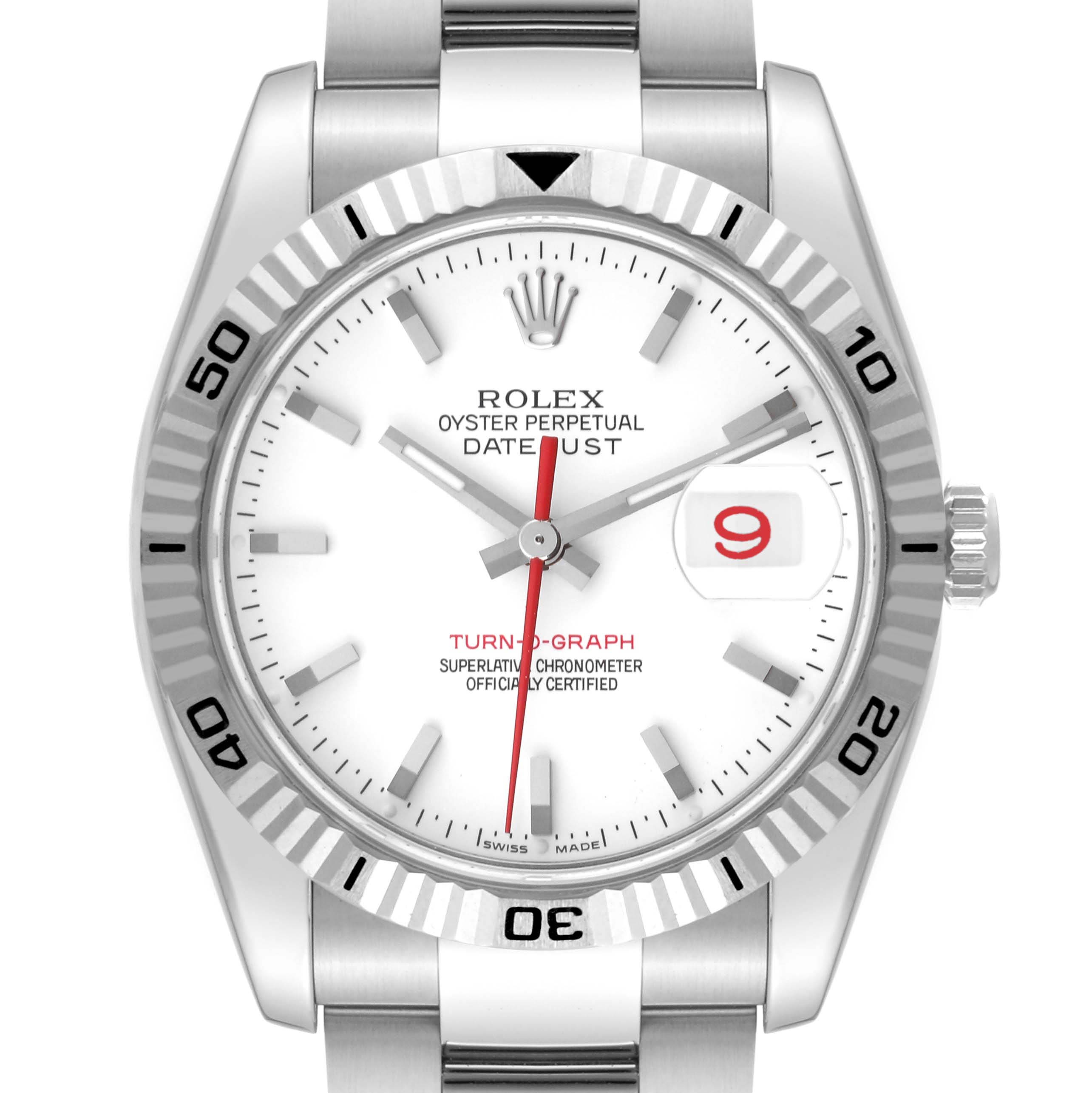 The image shows a front view of the Rolex Turn-o-Graph 116264 Men's Stainless Steel White Dial 116264 Men's Stainless Steel White Dial watch, highlighting the dial, bezel, and crown.