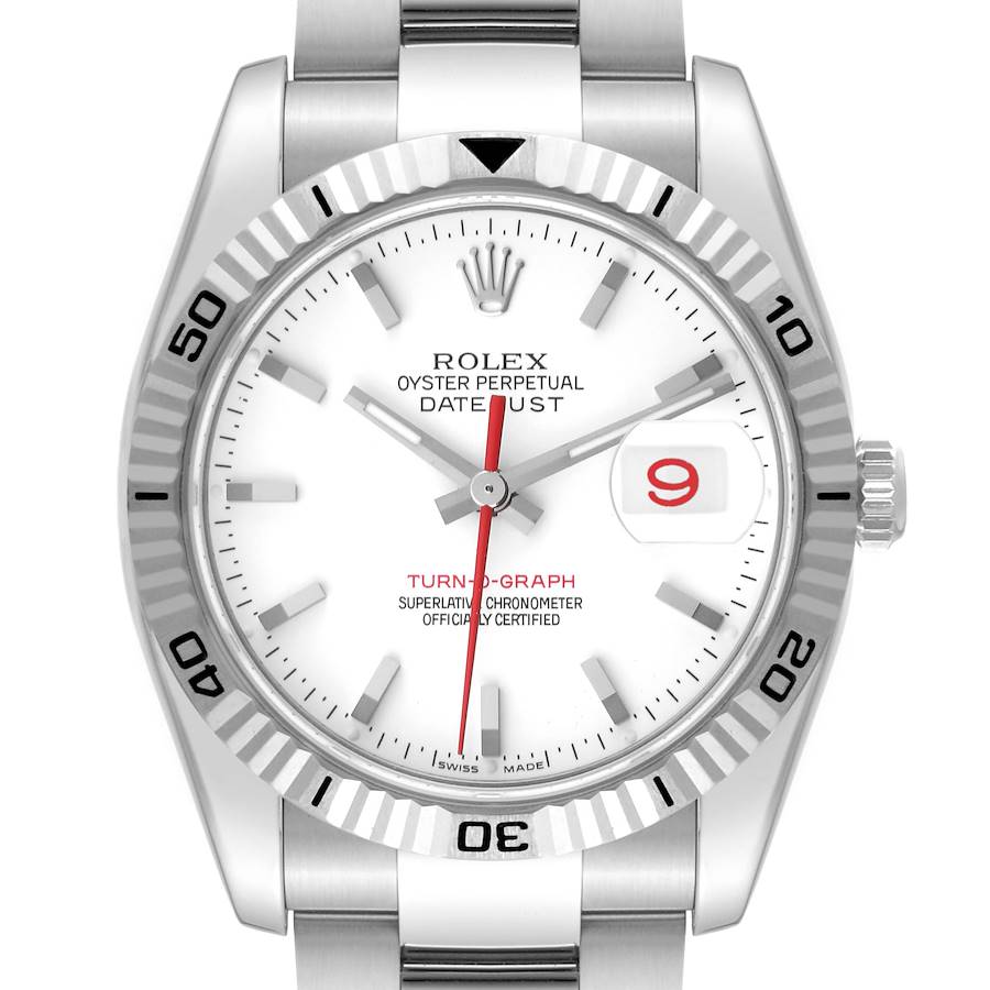 The image shows a front view of the Rolex Turn-o-Graph watch, highlighting the dial, bezel, and crown.