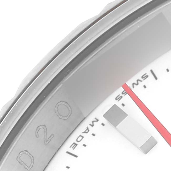 The image shows a close-up of the bezel and part of the dial of the Rolex Turn-o-Graph 116264 Men's Stainless Steel White Dial 116264 Men's Stainless Steel White Dial, highlighting the index and part of the red second hand.