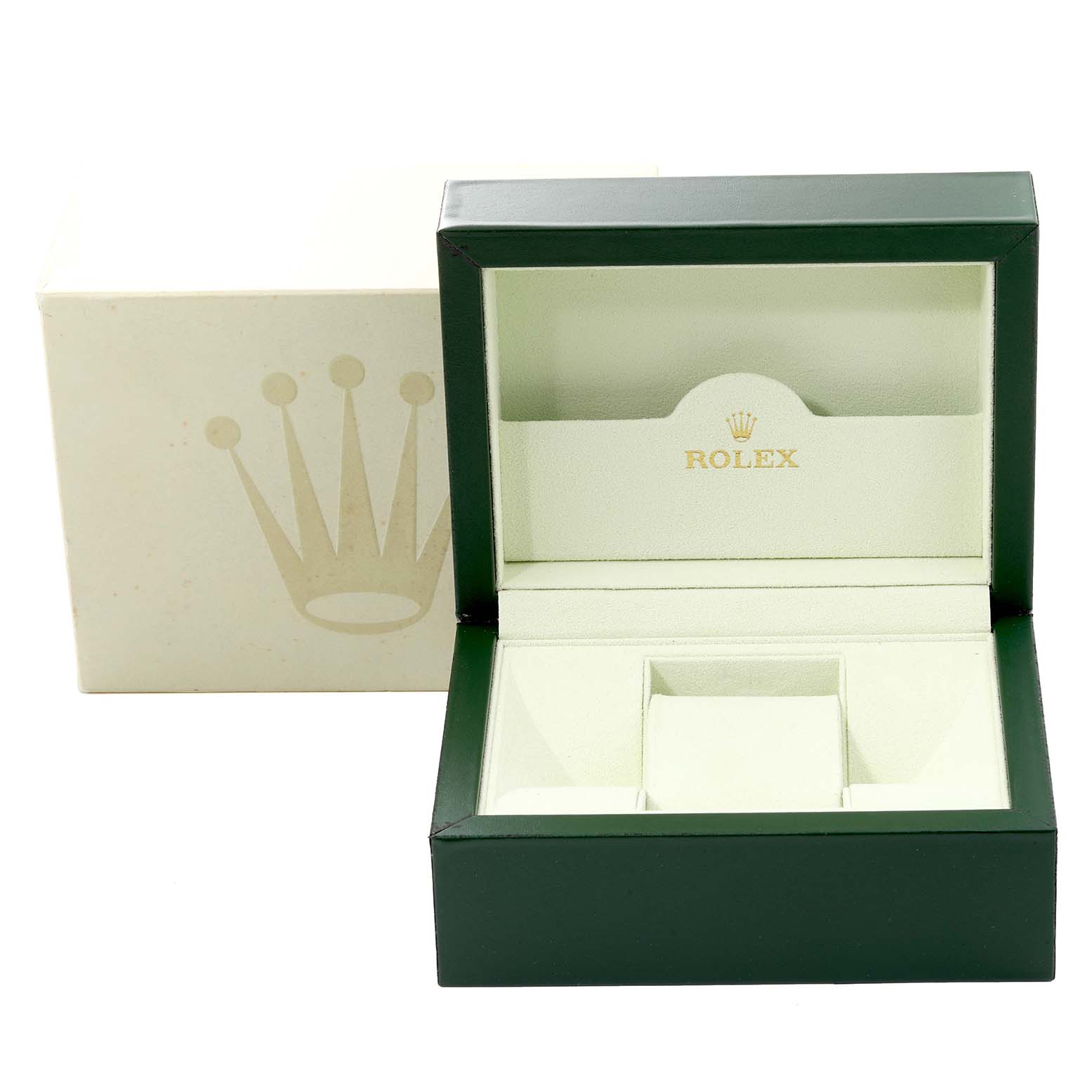 The image shows a green Rolex watch box for the Turn-o-Graph model, featuring an empty interior and a logo.