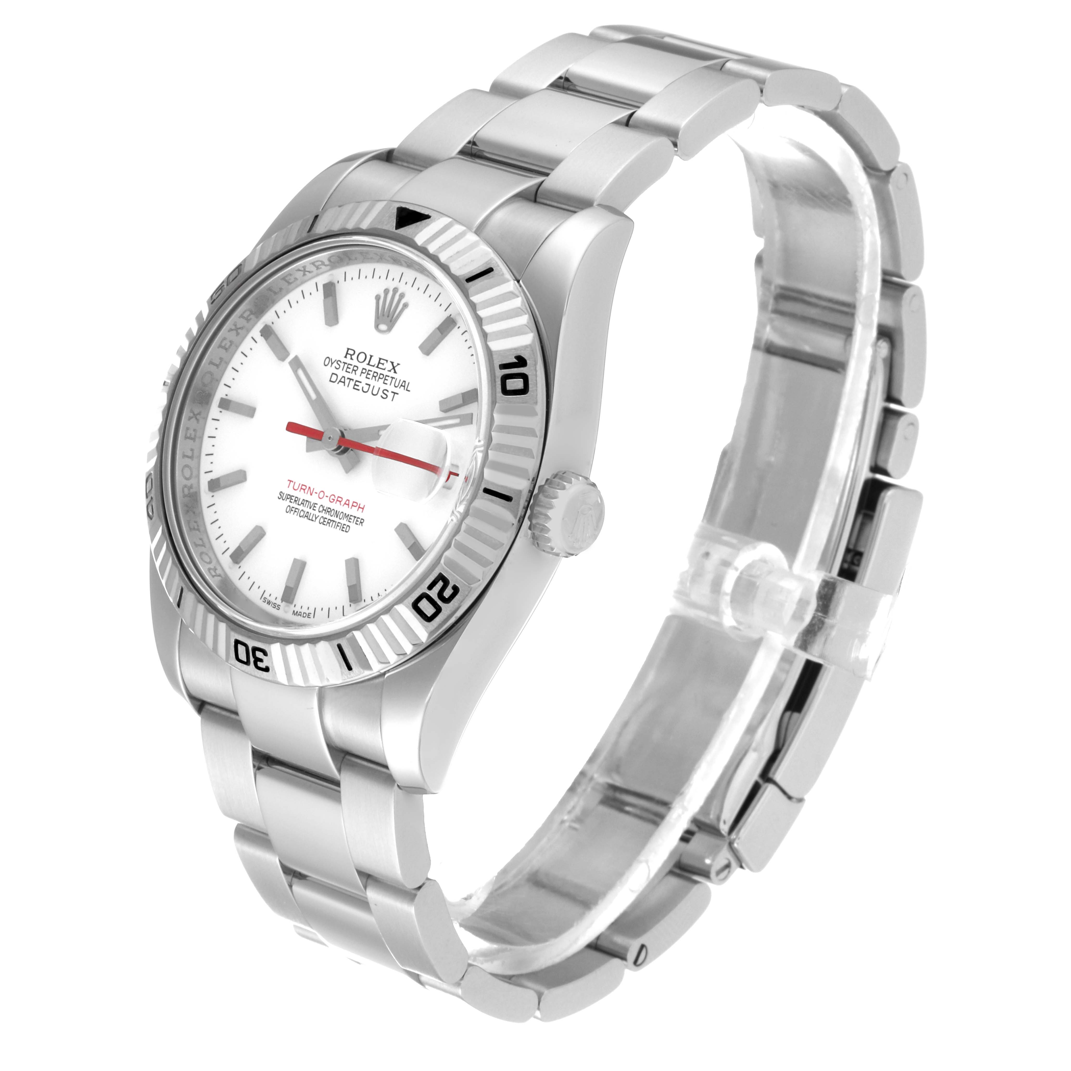 The image shows a side-front view of the Rolex Turn-o-Graph 116264 Men
s Stainless Steel White Dial 116264 Men
s Stainless Steel White Dial watch, highlighting its bezel, dial, and bracelet.