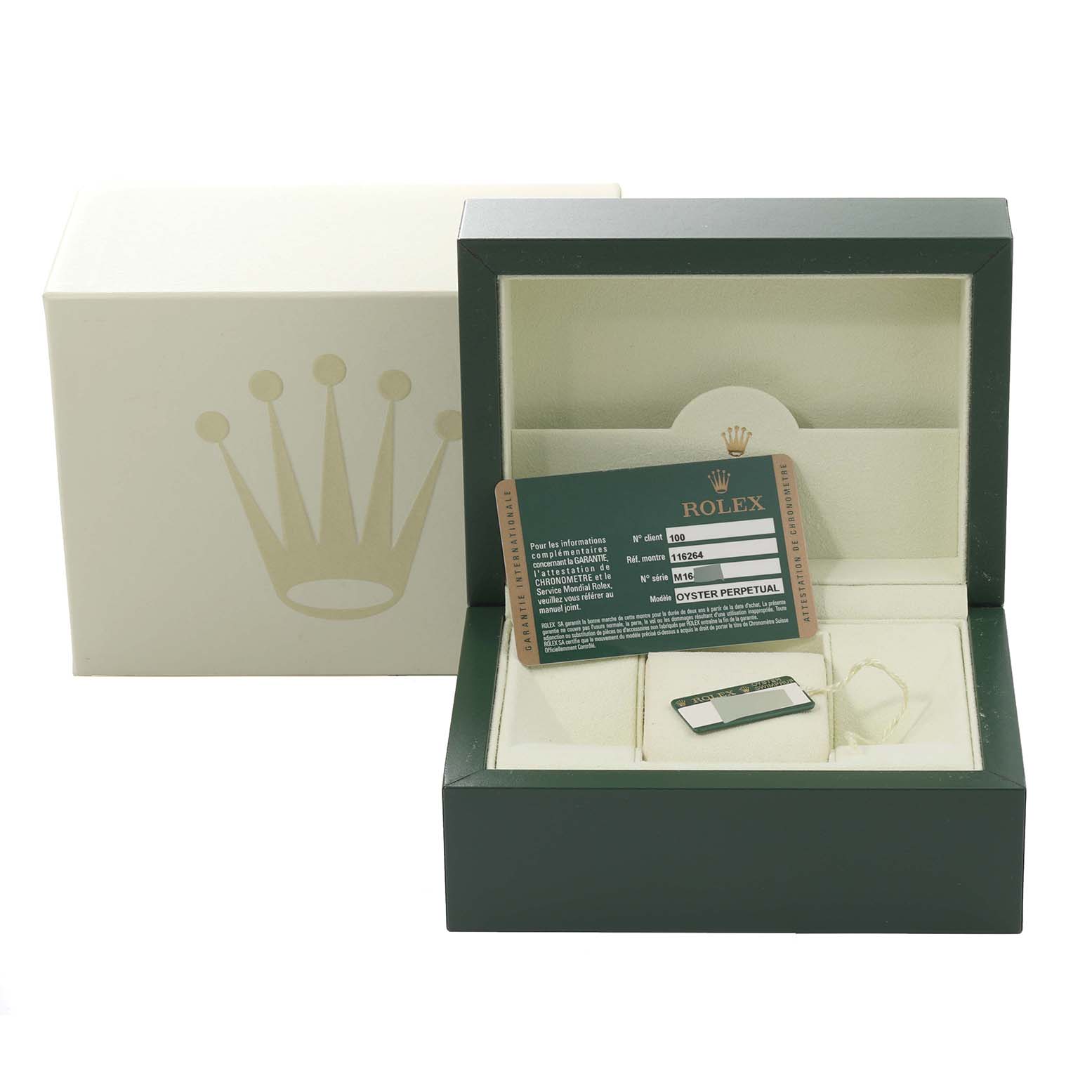 The image shows a Rolex Turn-o-Graph 116264 Men
s Stainless Steel White Dial 116264 Men
s Stainless Steel White Dial model
s box, warranty card, and accessories from a front angle.