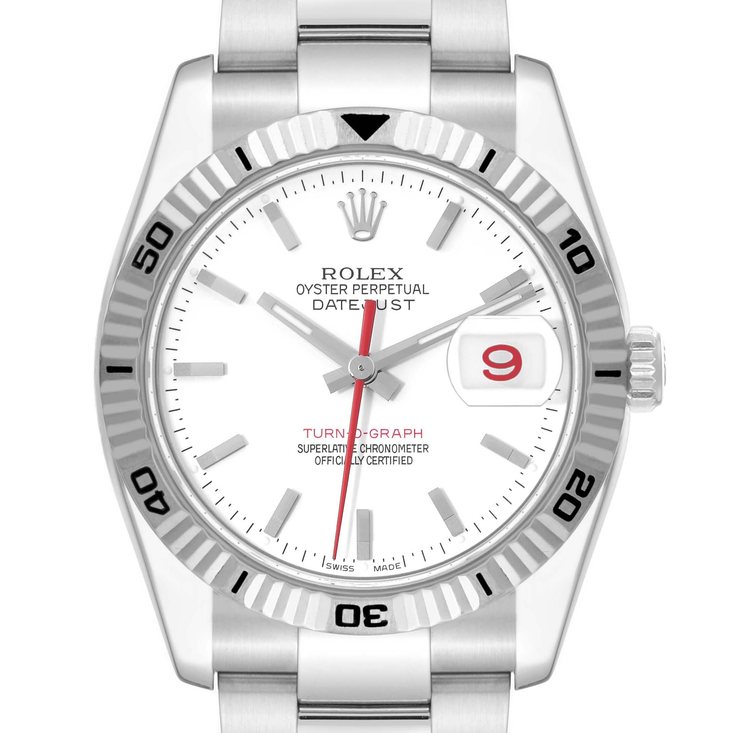 The image shows a front view of a Rolex Turn-o-Graph 116264 Men
s Stainless Steel White Dial 116264 Men
s Stainless Steel White Dial watch, highlighting the dial, bezel, and a portion of the bracelet.