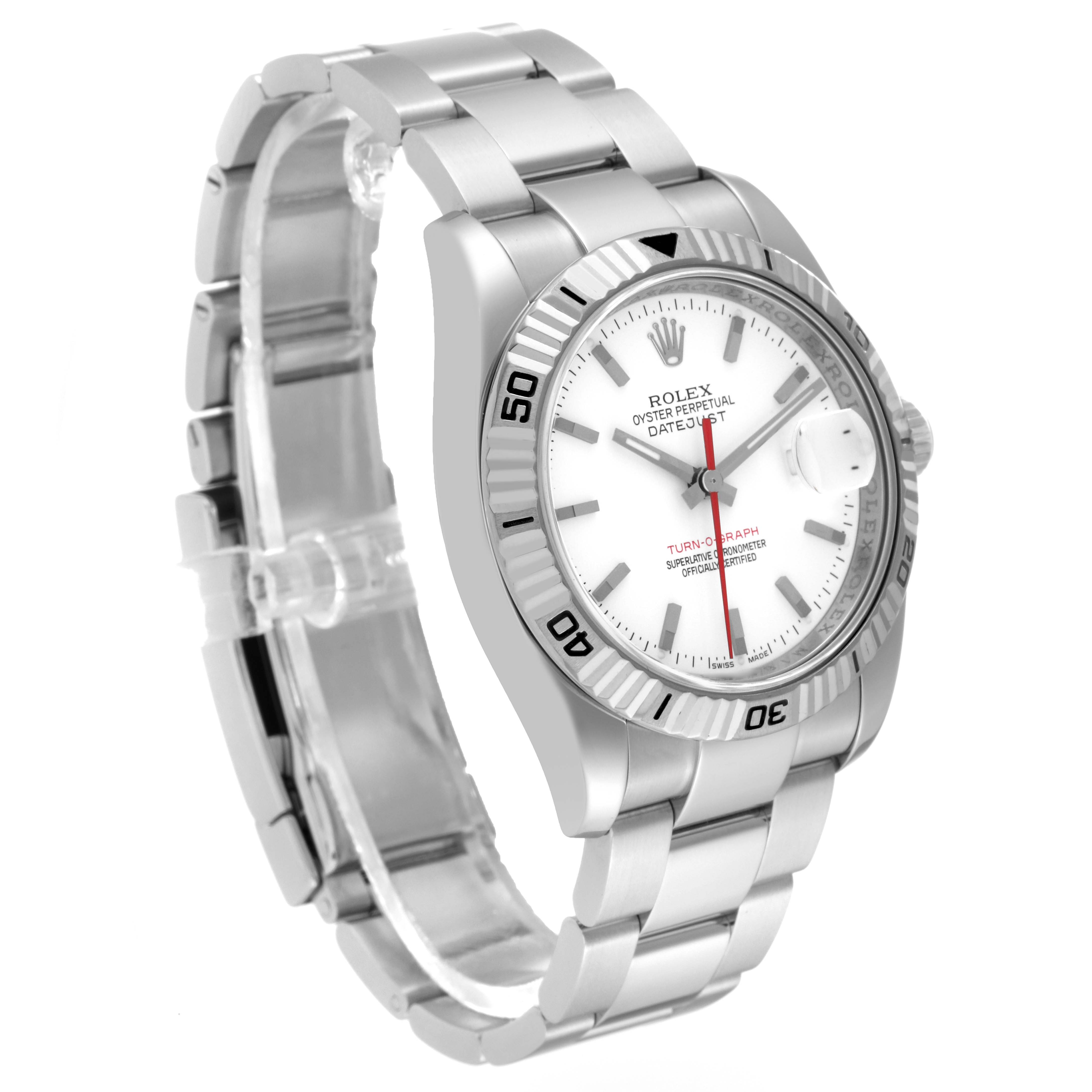 The image shows the full face and bracelet of a Rolex Turn-o-Graph 116264 Men
s Stainless Steel White Dial 116264 Men
s Stainless Steel White Dial watch from an angled side view.