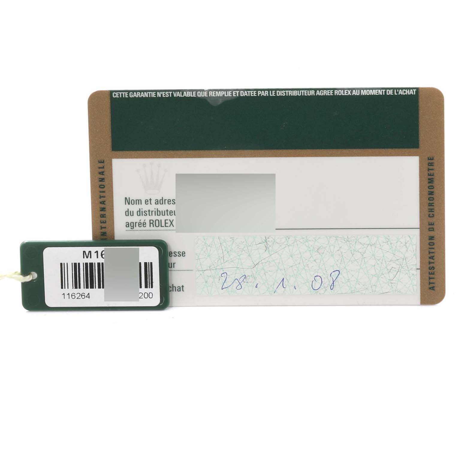 The image shows a warranty card and tag for a Rolex Turn-o-Graph 116264 Men
s Stainless Steel White Dial 116264 Men
s Stainless Steel White Dial watch.