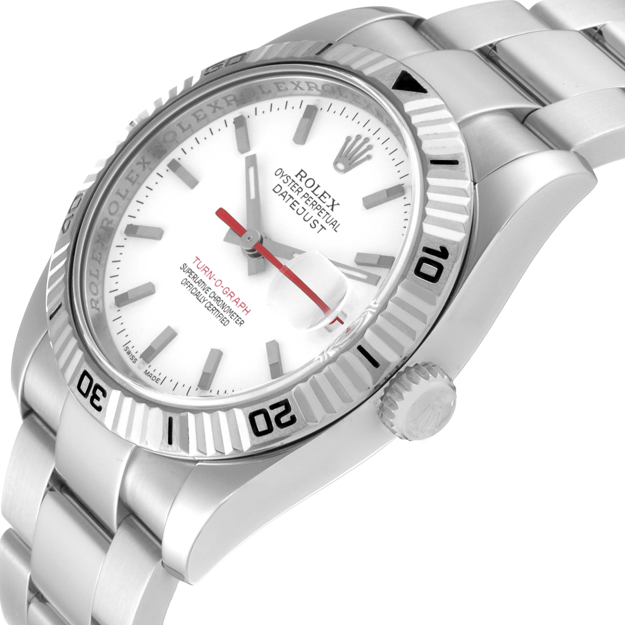 The image shows a side angle of the Rolex Turn-o-Graph 116264 Men
s Stainless Steel White Dial 116264 Men
s Stainless Steel White Dial watch, highlighting the dial, bezel, and bracelet.