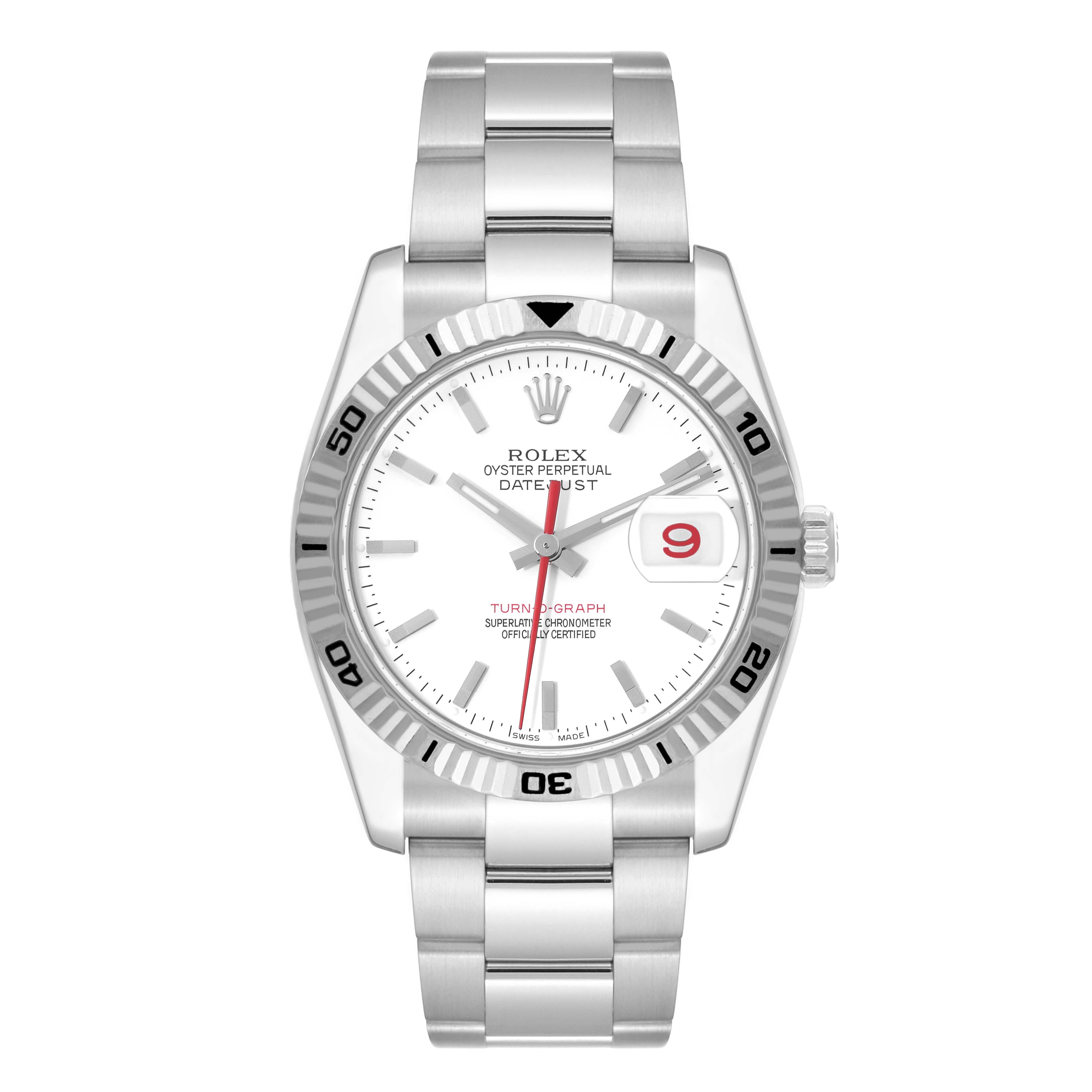 The image shows a front view of a Rolex Turn-o-Graph 116264 Men
s Stainless Steel White Dial 116264 Men
s Stainless Steel White Dial watch, displaying the bezel, dial, and bracelet.