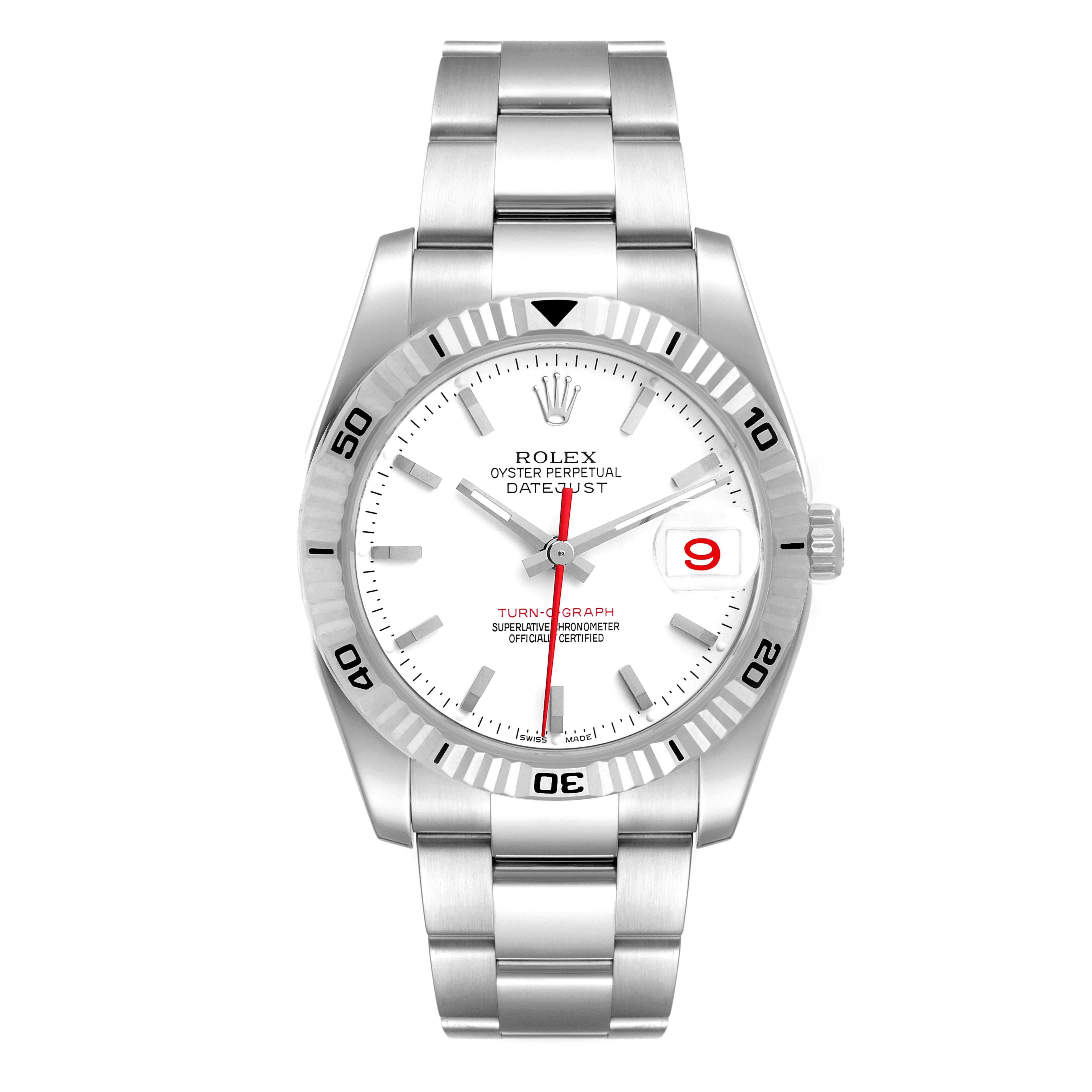 This image shows a front view of the Rolex Turn-o-Graph 116264 Men's Stainless Steel White Dial 116264 Men's Stainless Steel White Dial watch, featuring its face, bezel, and stainless steel bracelet.