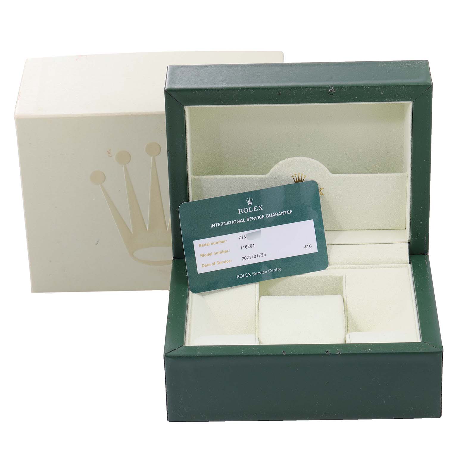 The image shows a Rolex Turn-o-Graph 116264 Men's Stainless Steel White Dial 116264 Men's Stainless Steel White Dial watch box, warranty card, and outer packaging from a frontal angle.