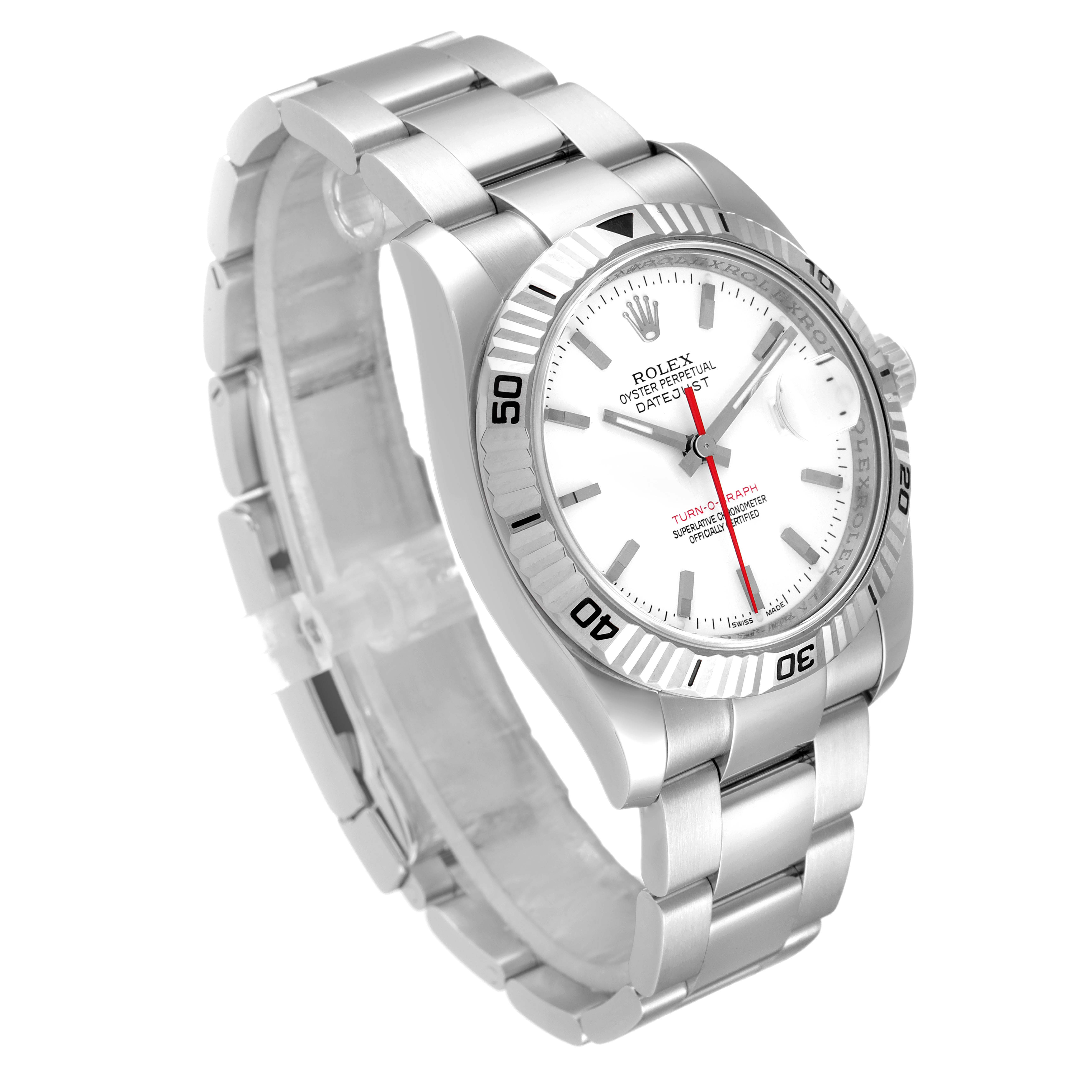 The image shows a Rolex Turn-o-Graph 116264 Men's Stainless Steel White Dial 116264 Men's Stainless Steel White Dial watch angled to display the face, bezel, and part of the bracelet.
