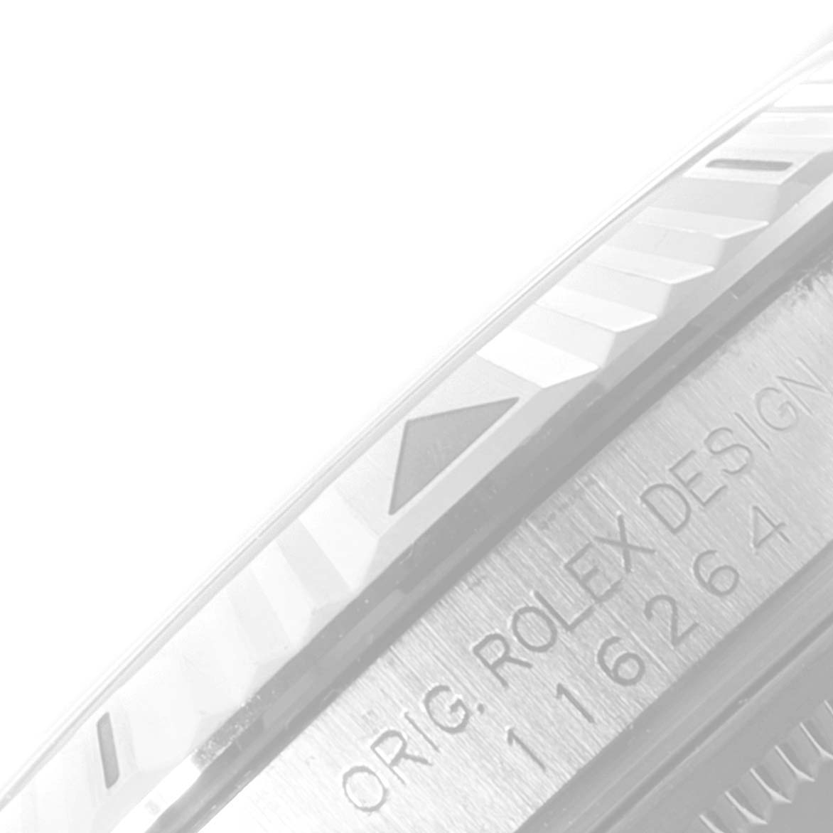 The image shows a close-up of the bezel and serial number of a Rolex Turn-o-Graph 116264 Men's Stainless Steel White Dial 116264 Men's Stainless Steel White Dial watch.