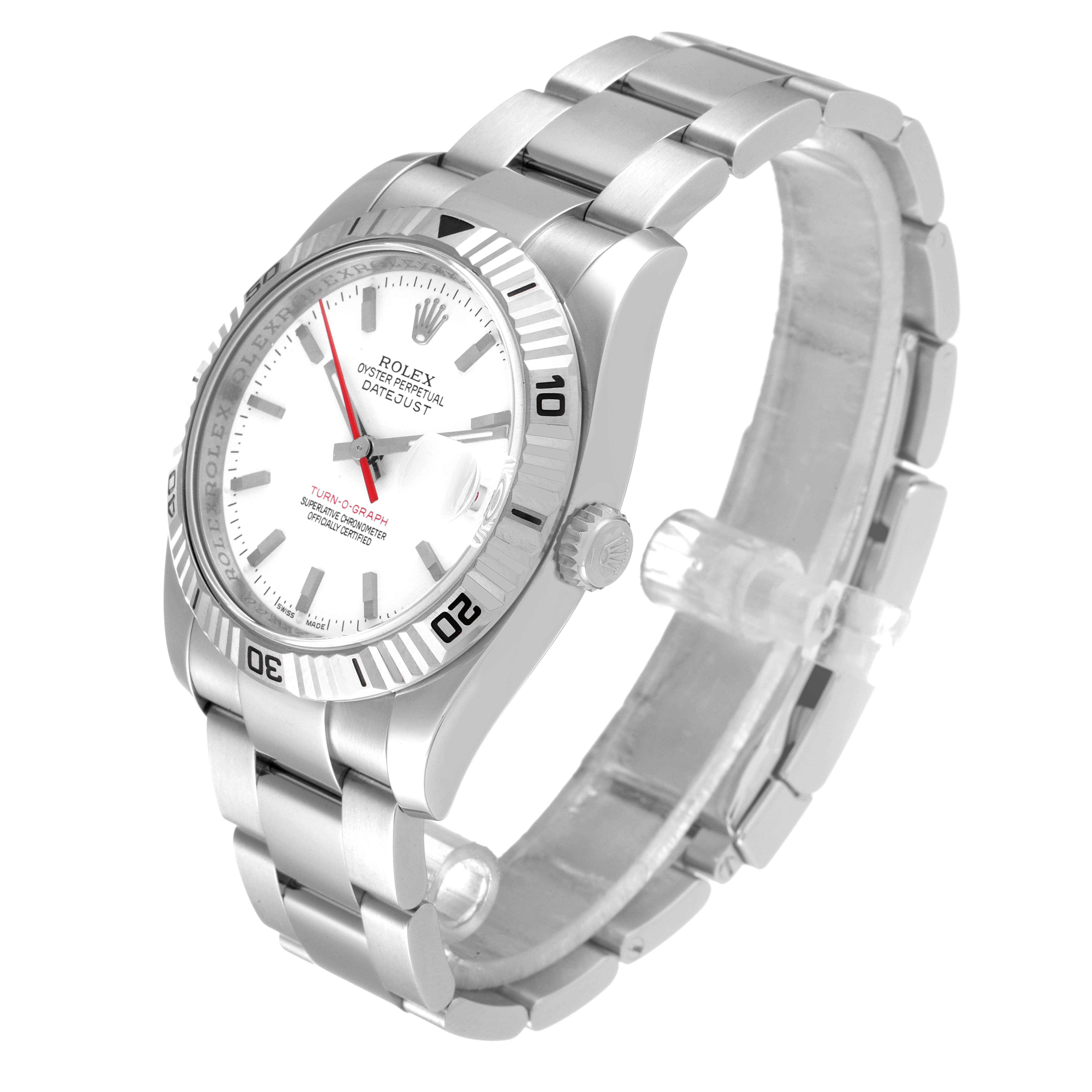 The image shows a Rolex Turn-o-Graph 116264 Men's Stainless Steel White Dial 116264 Men's Stainless Steel White Dial watch from a front-side angle, highlighting the bracelet, bezel, dial, and crown.