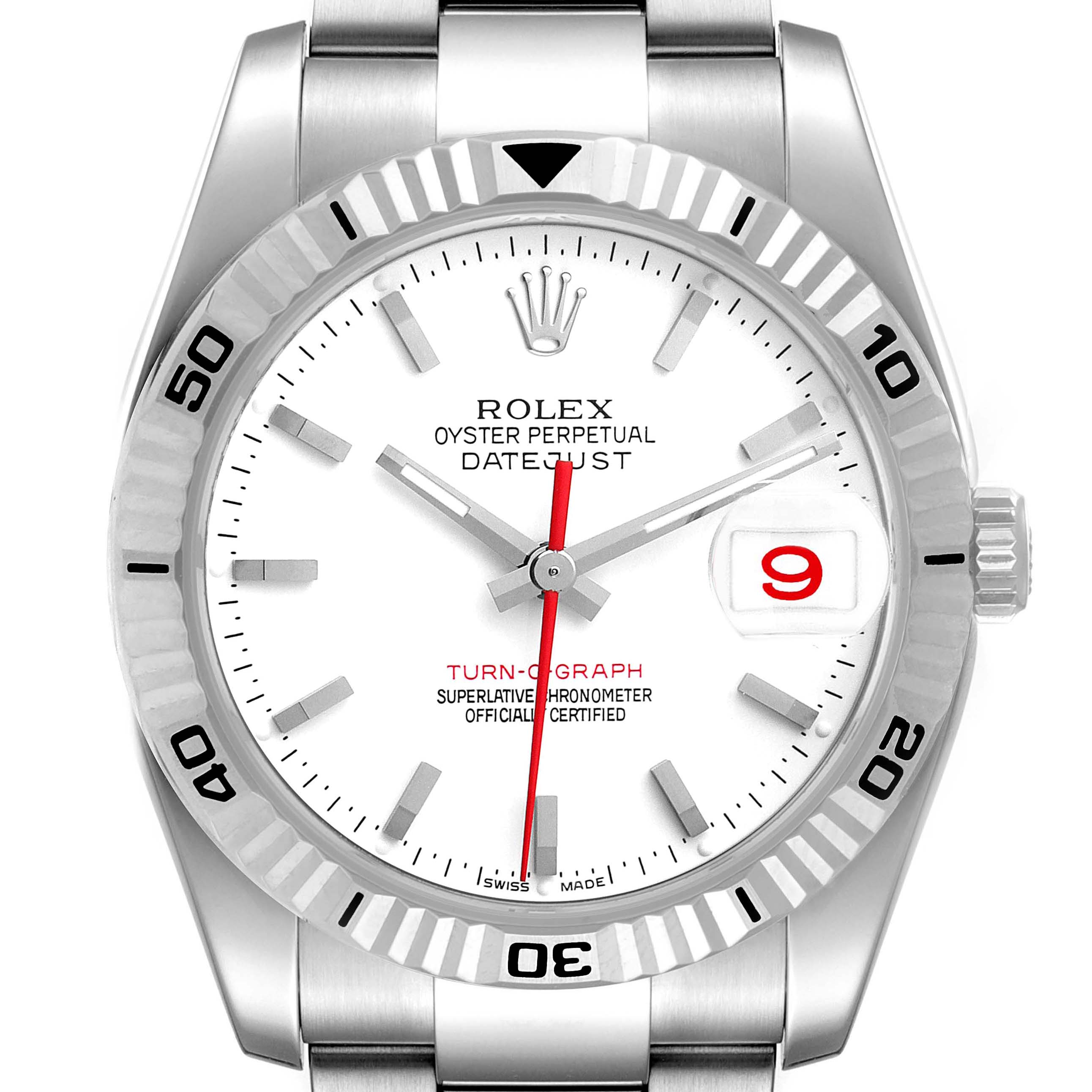 The image shows a top view of the Rolex Turn-o-Graph 116264 Men's Stainless Steel White Dial 116264 Men's Stainless Steel White Dial watch, highlighting its bezel, dial, and bracelet.