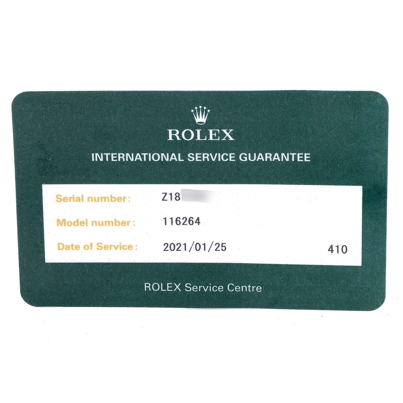 This image shows a Rolex International Service Guarantee card for the Turn-o-Graph model 116264.