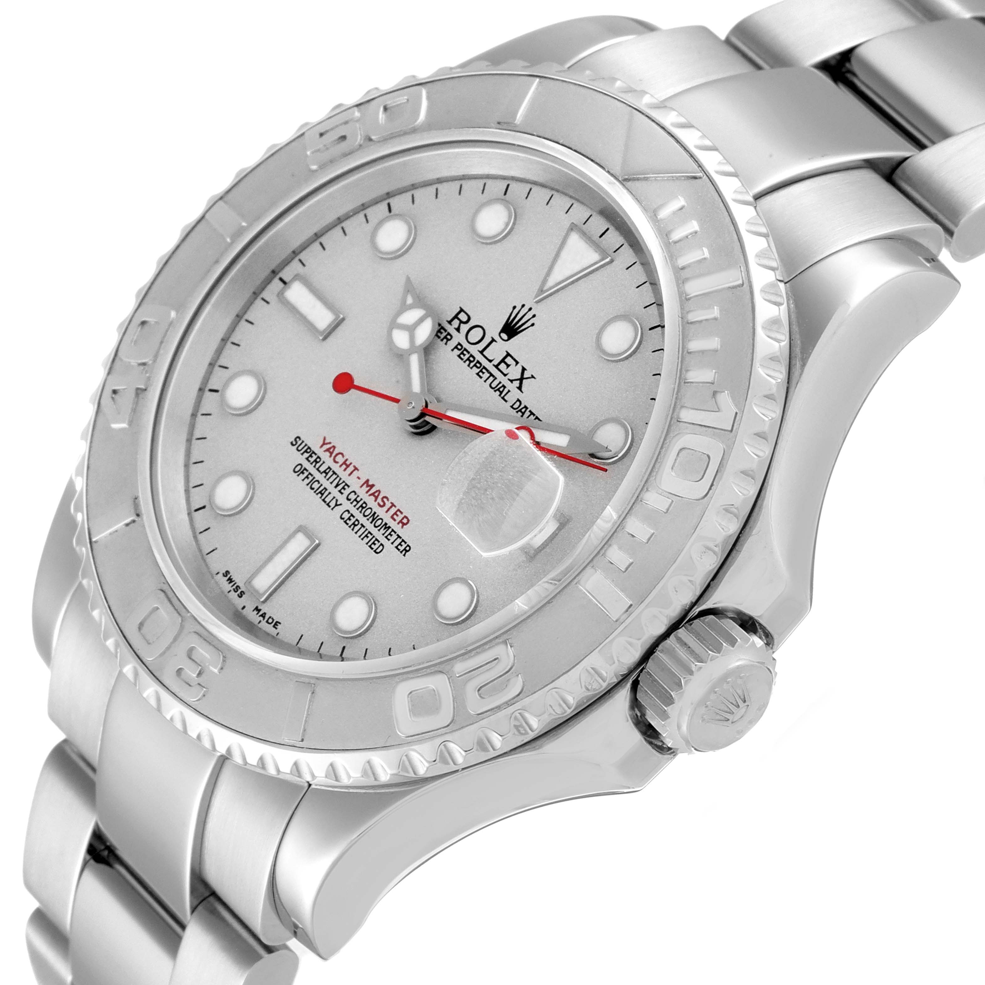 The Rolex Yacht-Master 16622 Men's Stainless Steel Silver Dial 16622 Men's Stainless Steel Silver Dial watch is shown at an angle highlighting its dial, bezel, crown, and part of the bracelet.