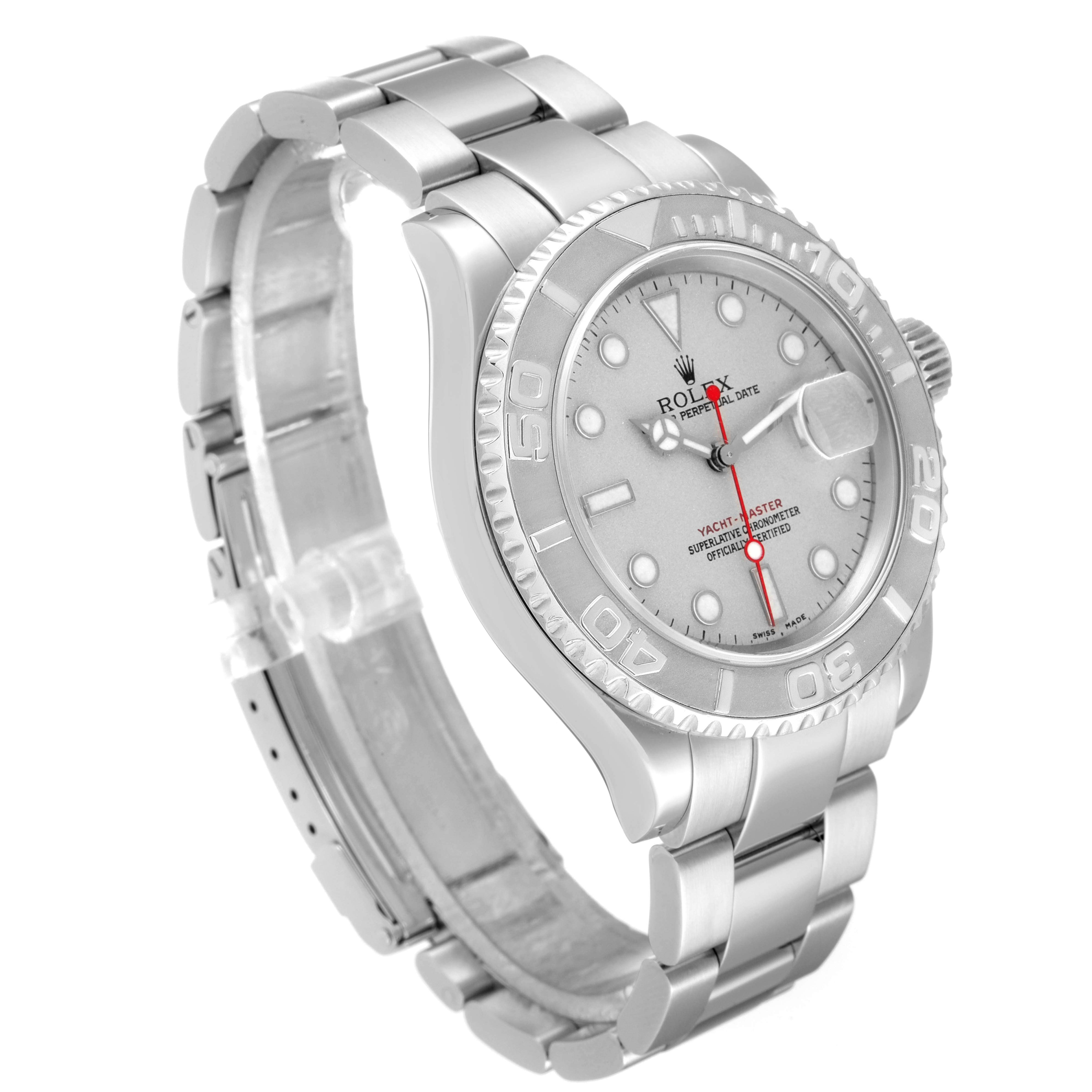 The image shows a Rolex Yacht-Master 16622 Men's Stainless Steel Silver Dial 16622 Men's Stainless Steel Silver Dial watch from an angled side view, highlighting its face, bezel, and bracelet.