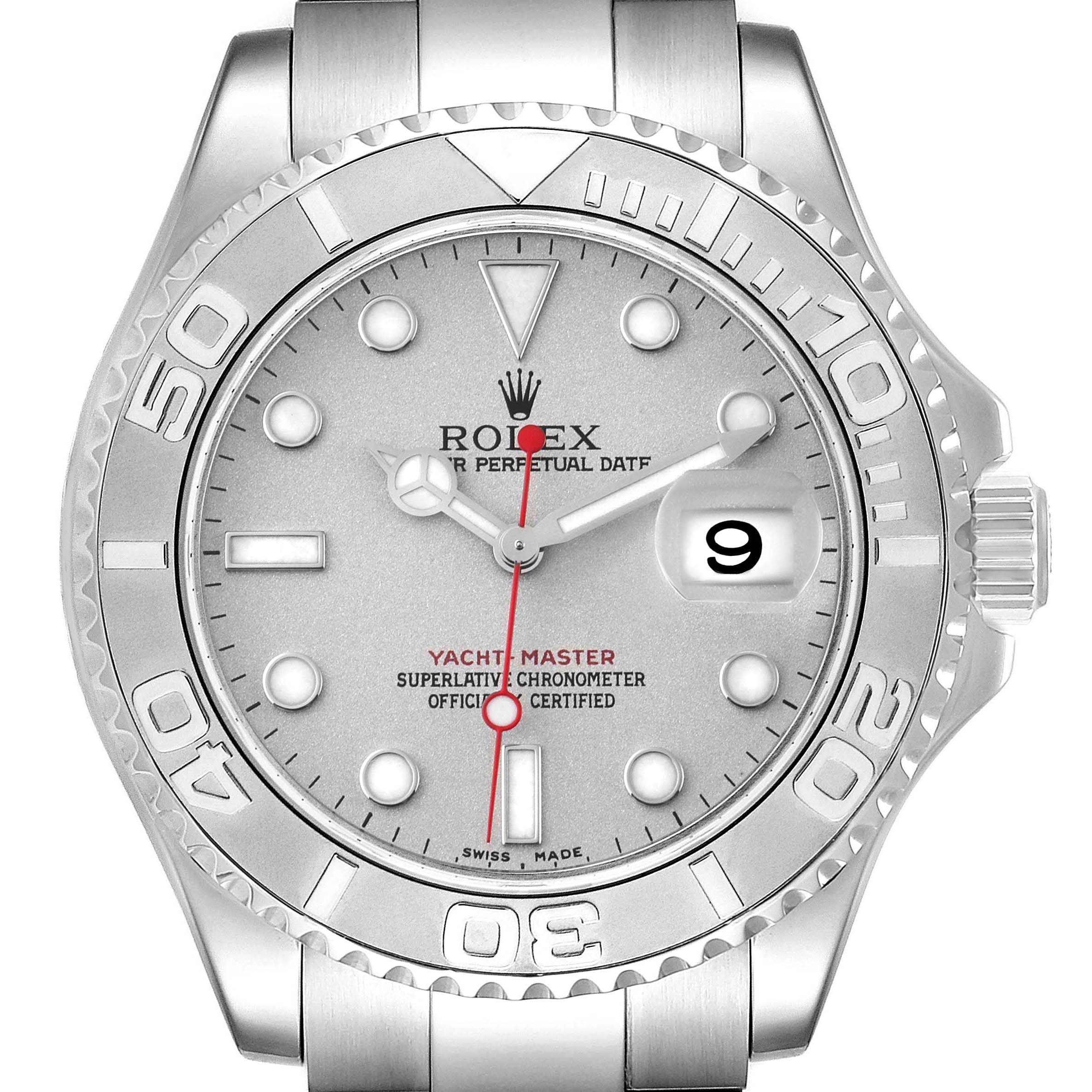 The image shows a front view of a Rolex Yacht-Master 16622 Men's Stainless Steel Silver Dial 16622 Men's Stainless Steel Silver Dial watch, displaying the dial, bezel, and bracelet details.