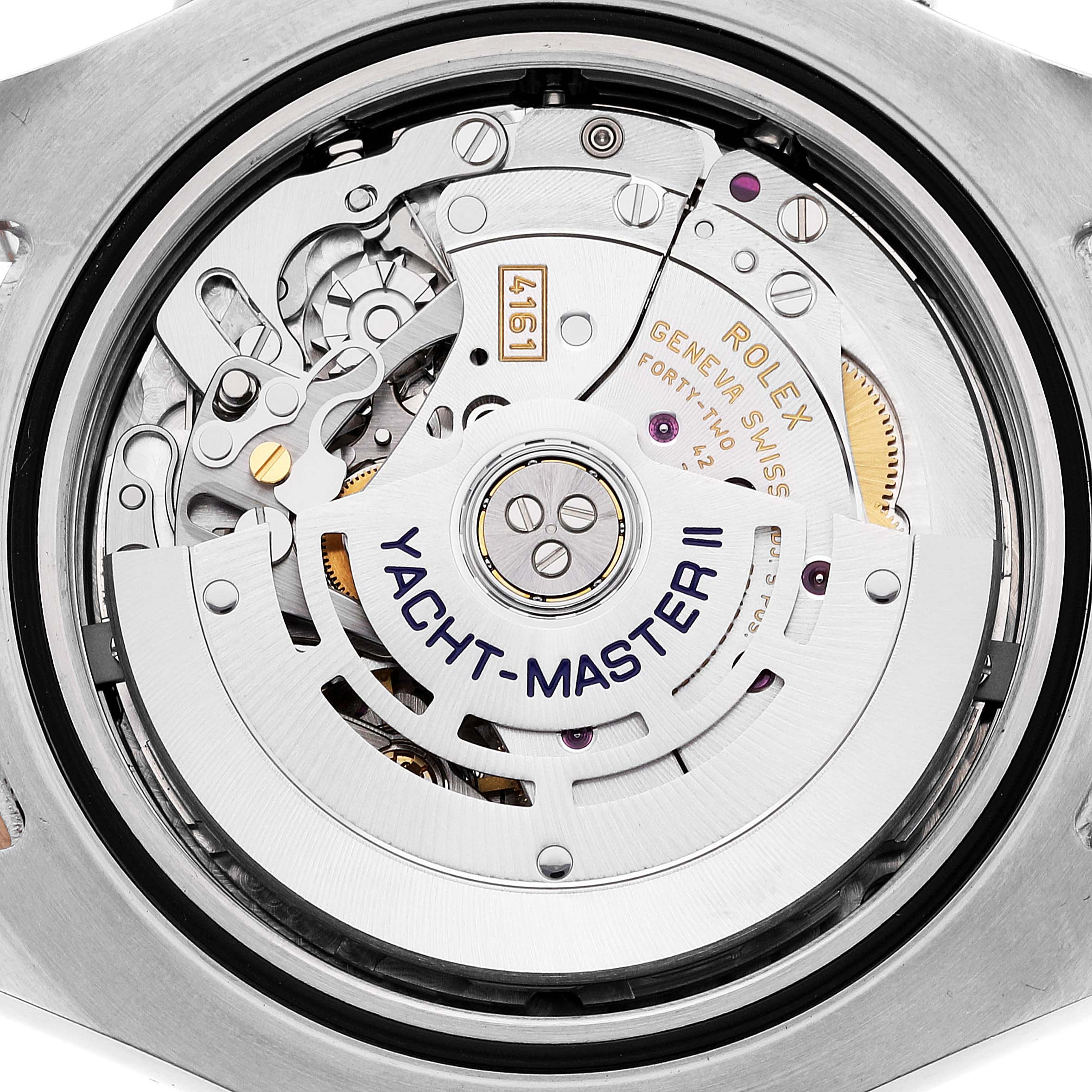 This image shows the detailed movement mechanism of the Rolex Yacht-Master 116681 Men's Steel and Gold (two tone) White Dial 116681 Men's Steel and Gold (two tone) White Dial II watch from a close-up, back view angle.