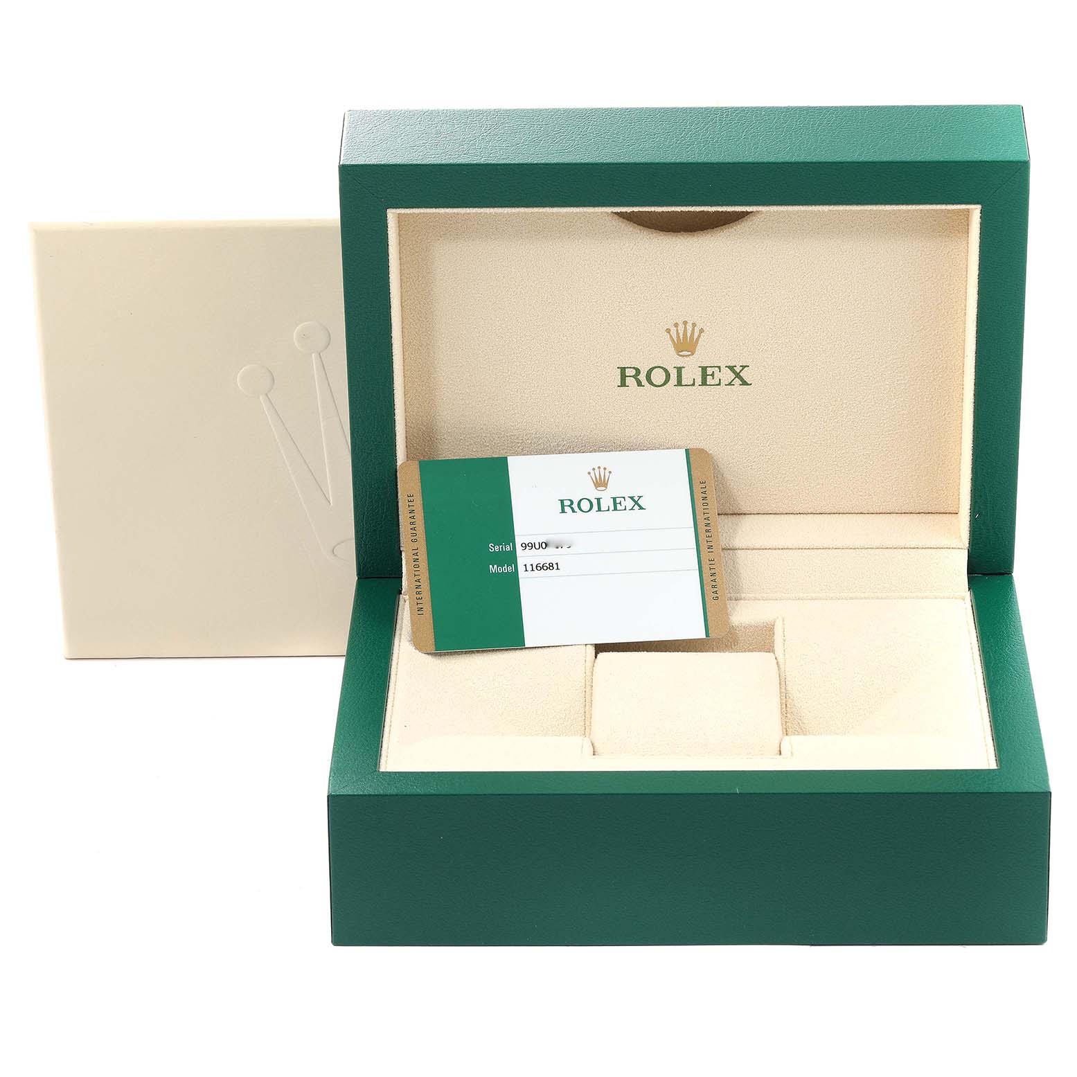 This image shows an open Rolex Yacht-Master 116681 Men's Steel and Gold (two tone) White Dial 116681 Men's Steel and Gold (two tone) White Dial watch box with a model serial card inside.