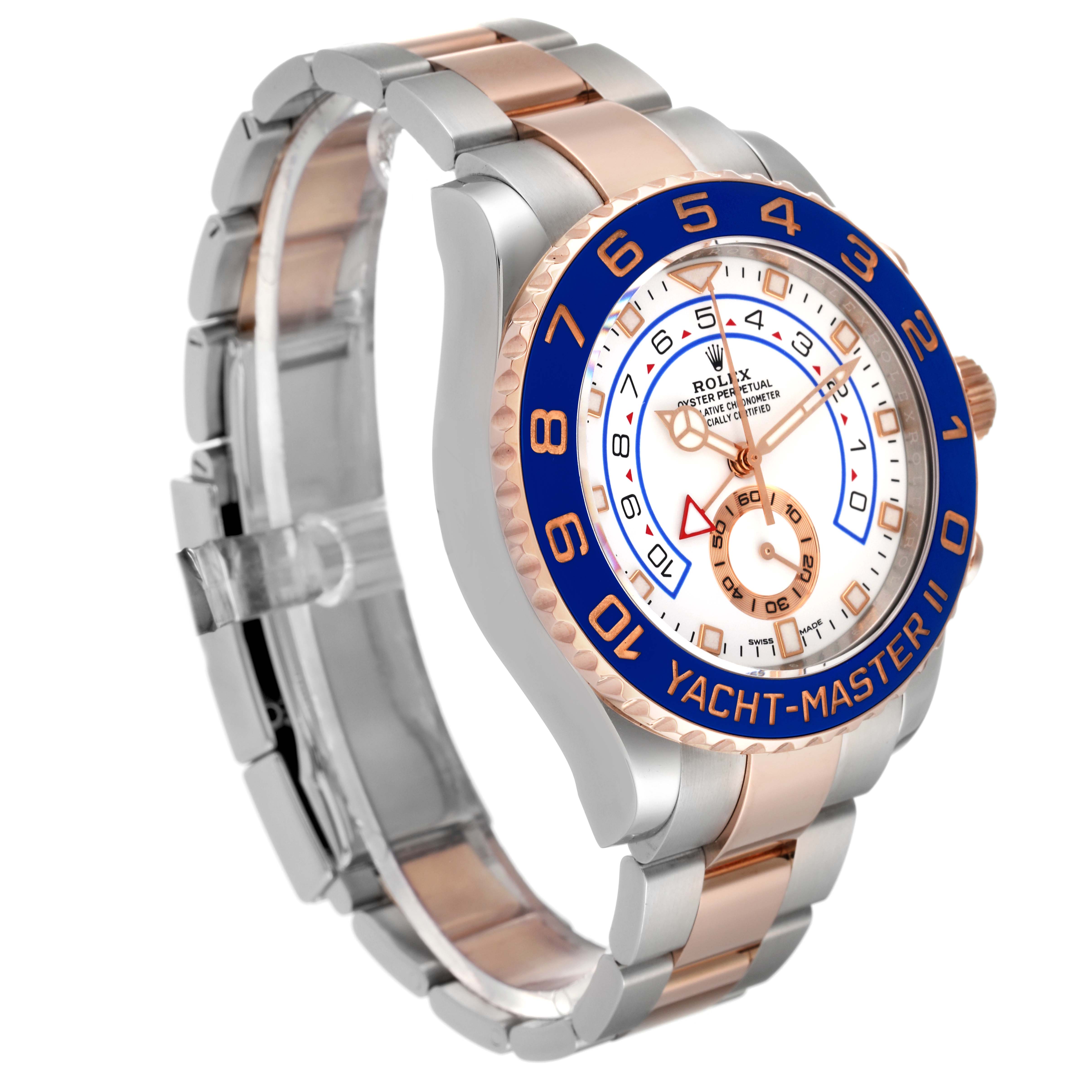 The image shows a Rolex Yacht-Master 116681 Men's Steel and Gold (two tone) White Dial 116681 Men's Steel and Gold (two tone) White Dial watch at a side angle, highlighting the bezel, dial, and two-tone bracelet.