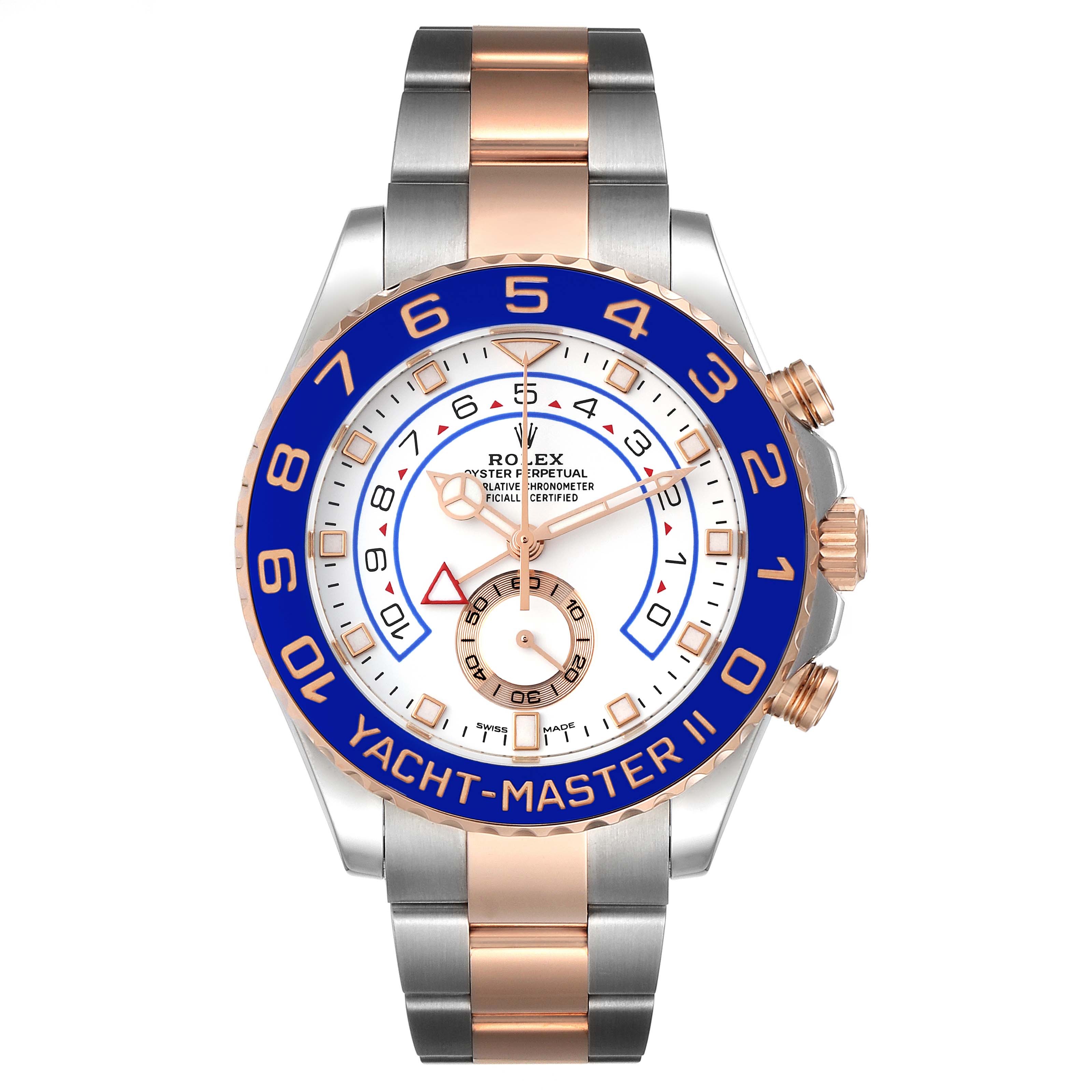 This image shows a front view of a Rolex Yacht-Master 116681 Men's Steel and Gold (two tone) White Dial 116681 Men's Steel and Gold (two tone) White Dial II watch with its blue bezel and two-tone bracelet.