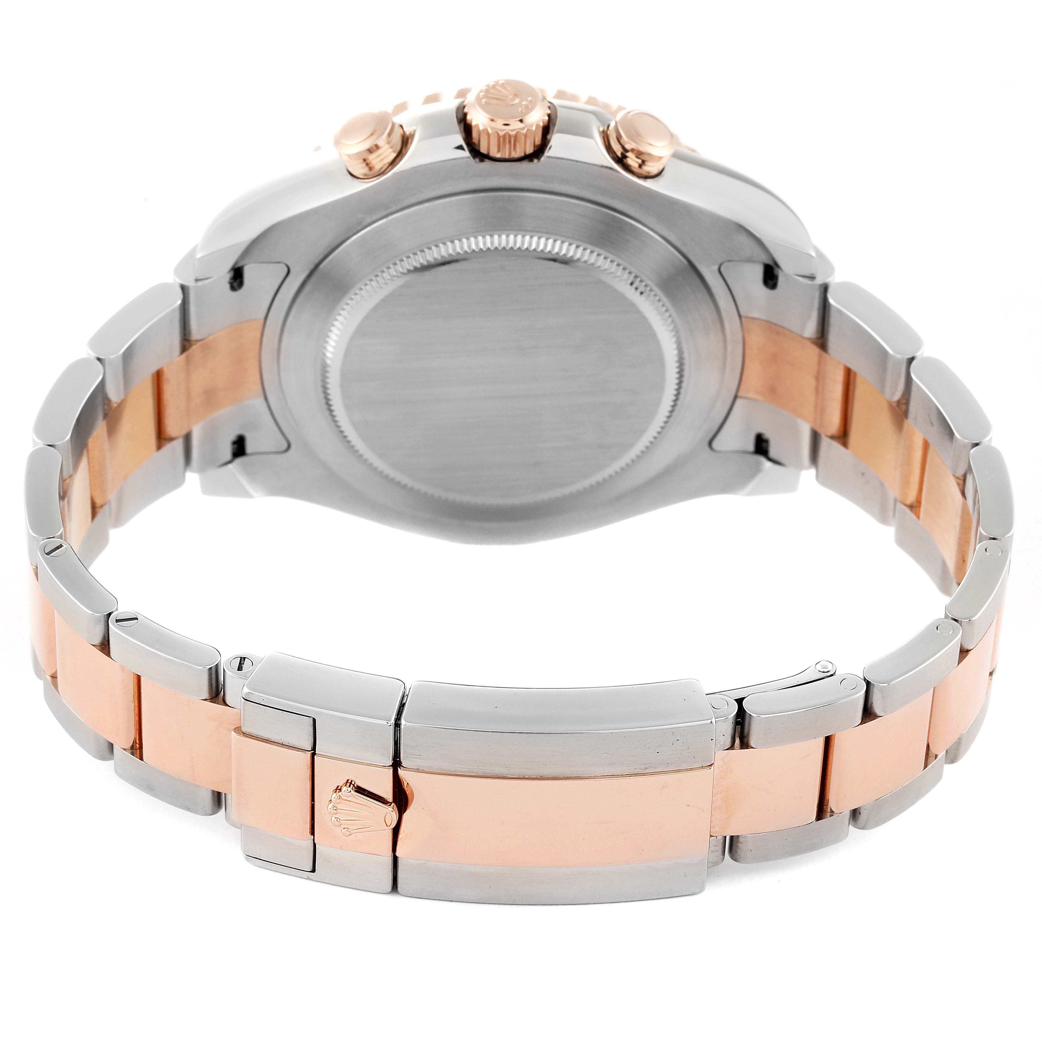 The Rolex Yacht-Master 116681 Men's Steel and Gold (two tone) White Dial 116681 Men's Steel and Gold (two tone) White Dial watch is shown from the rear, highlighting the case back, crown, and two-tone bracelet.